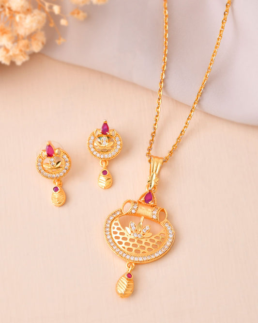 Jewels Nest Gold-Plated Traditional Pendant Necklace Set With Matching Earrings For Women