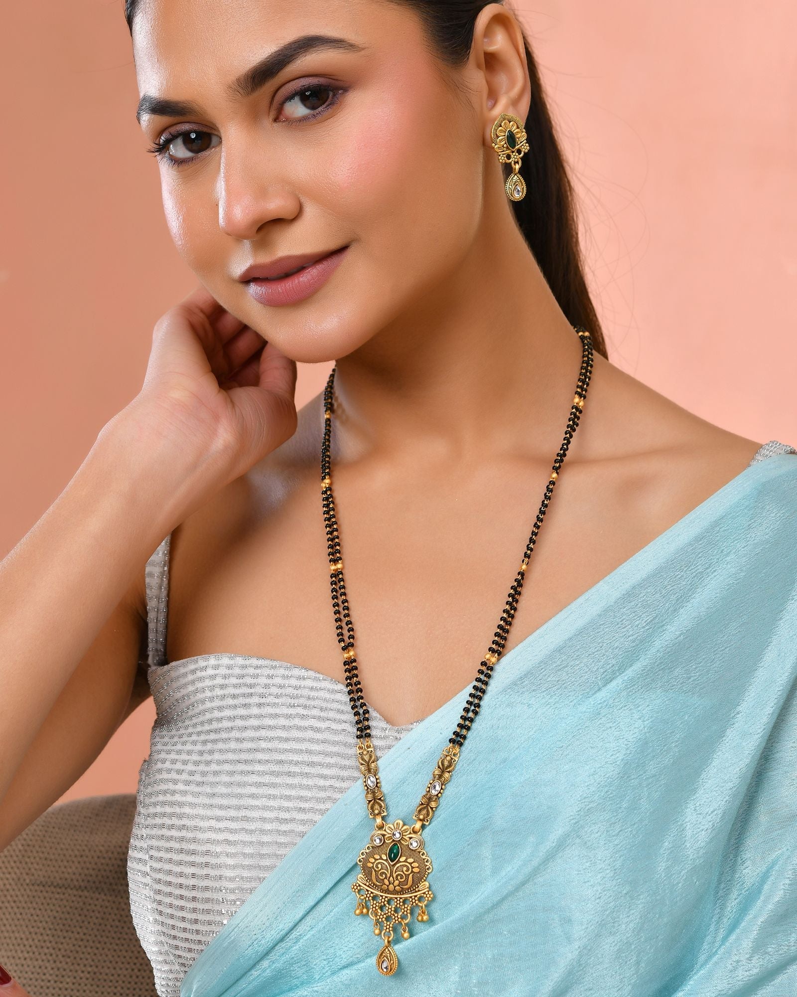 Jewels Nest Antique Gold-Plated Green Stone Temple Mangalsutra Set For Women