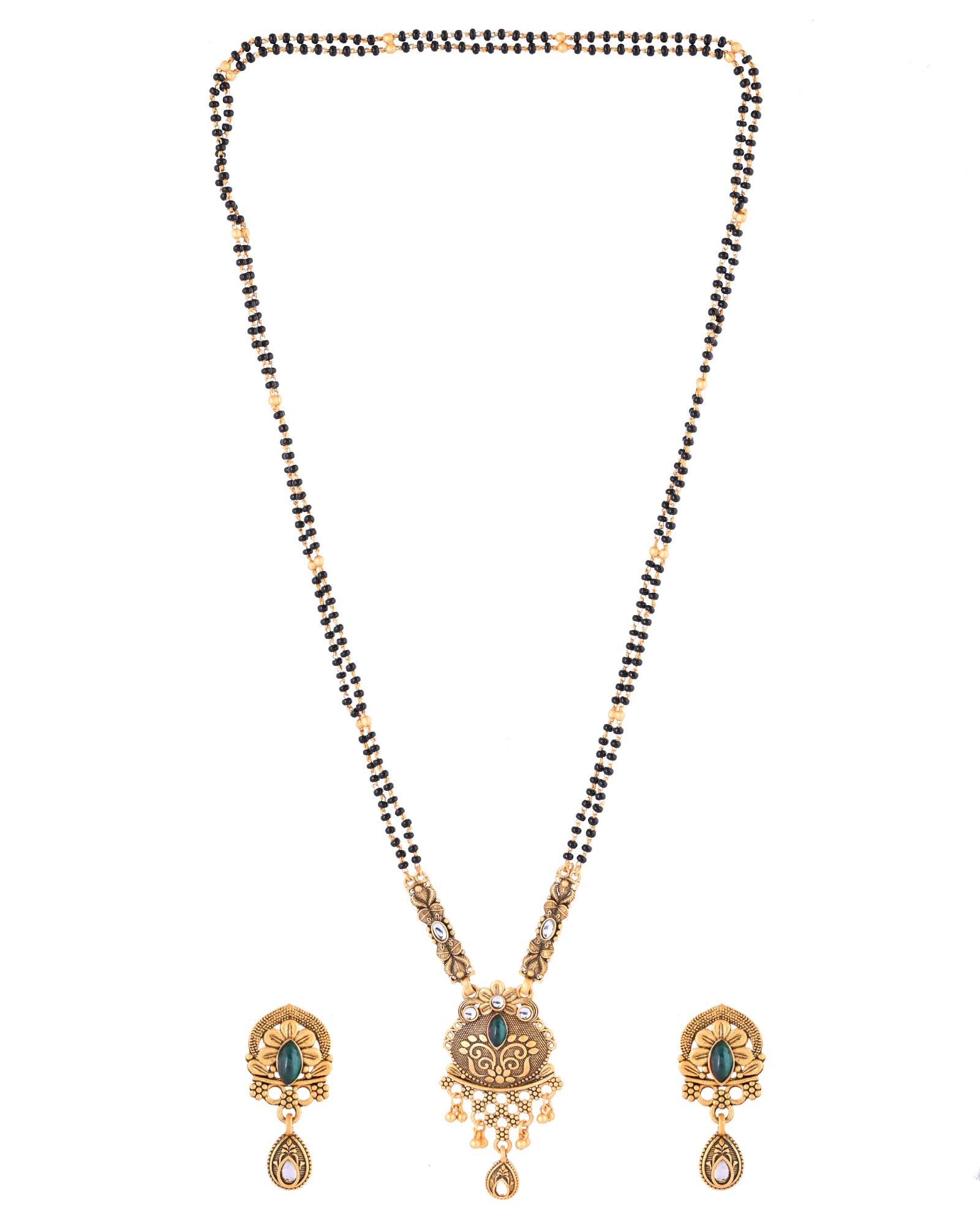 Jewels Nest Antique Gold-Plated Green Stone Temple Mangalsutra Set For Women