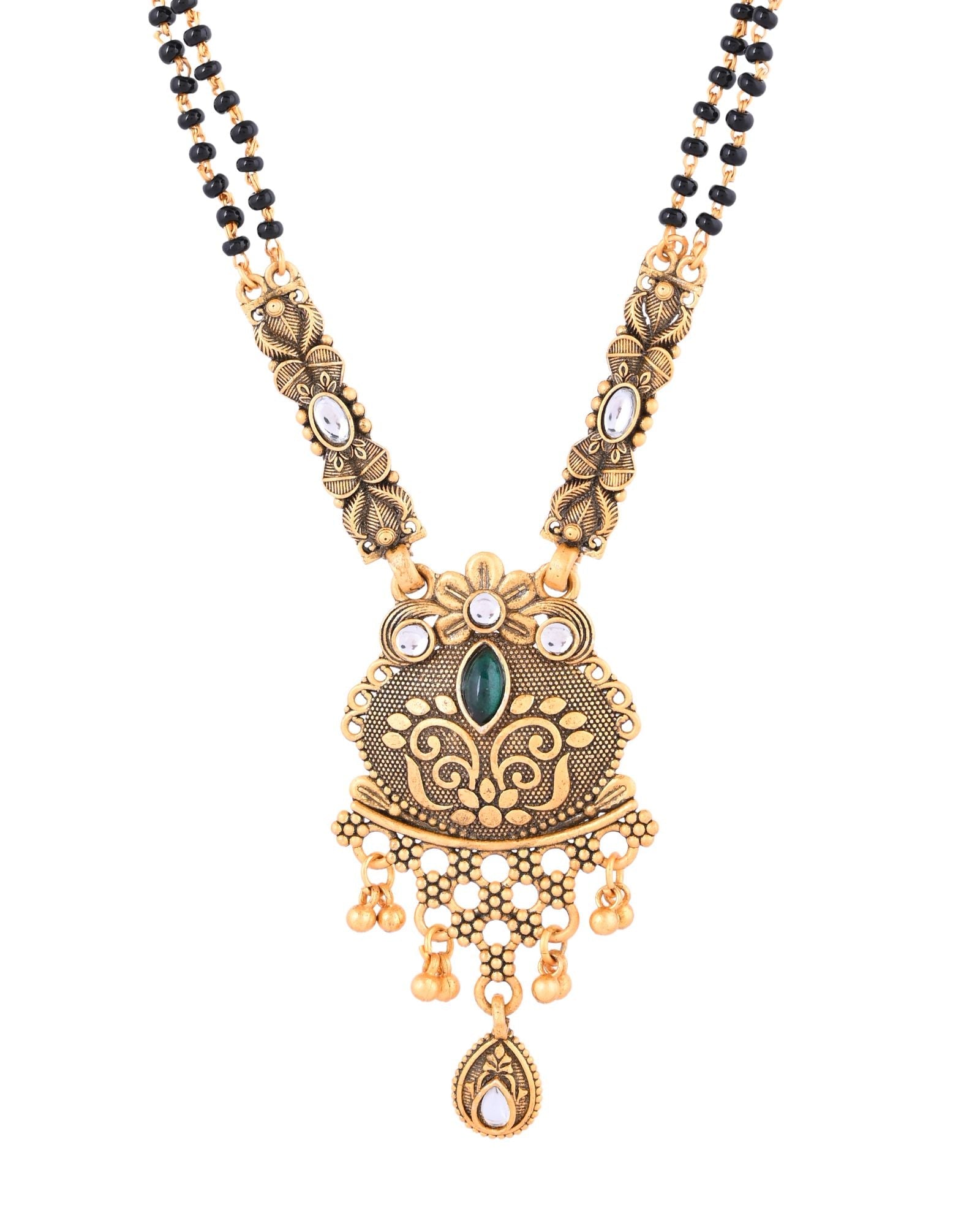 Jewels Nest Antique Gold-Plated Green Stone Temple Mangalsutra Set For Women