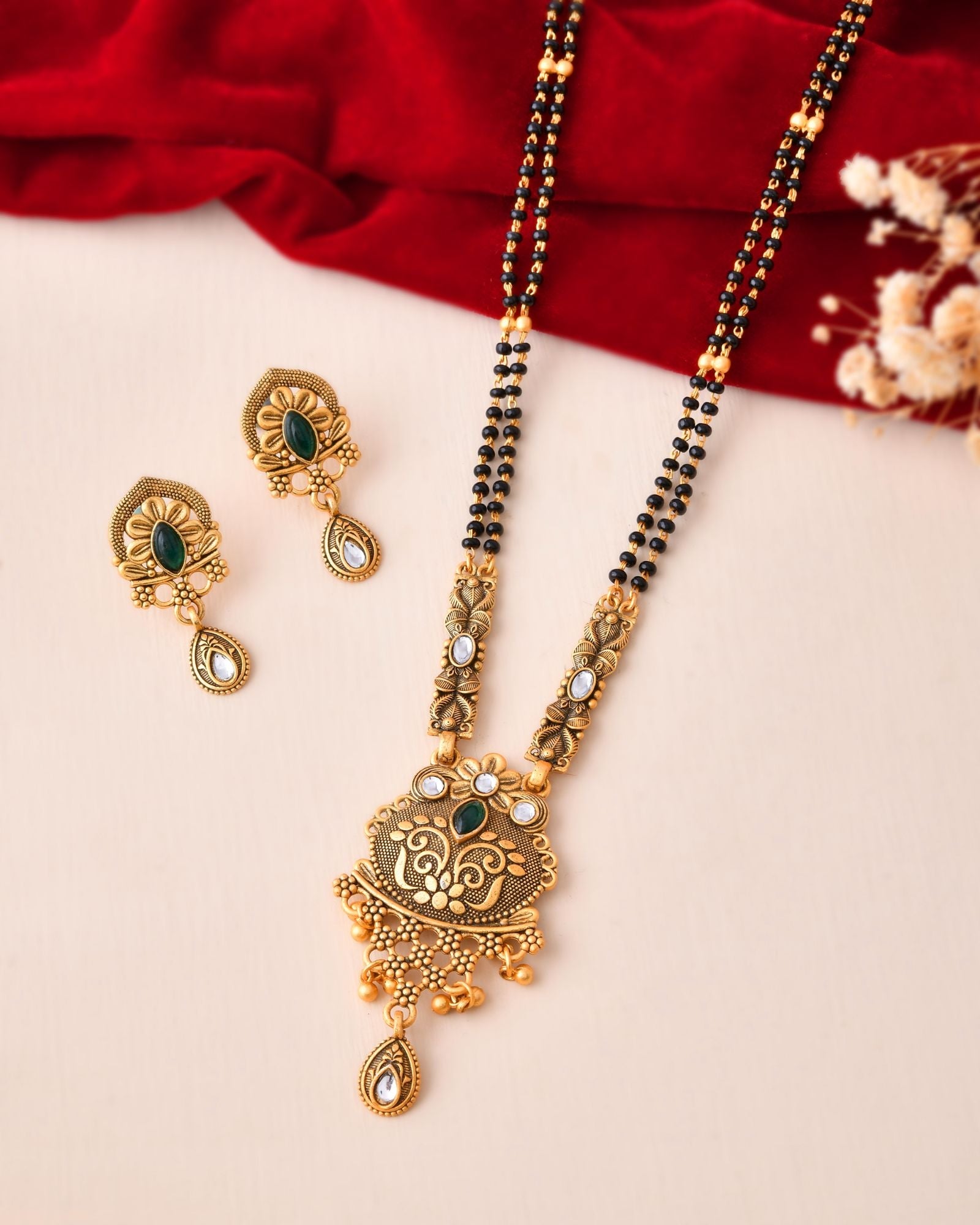 Jewels Nest Antique Gold-Plated Green Stone Temple Mangalsutra Set For Women