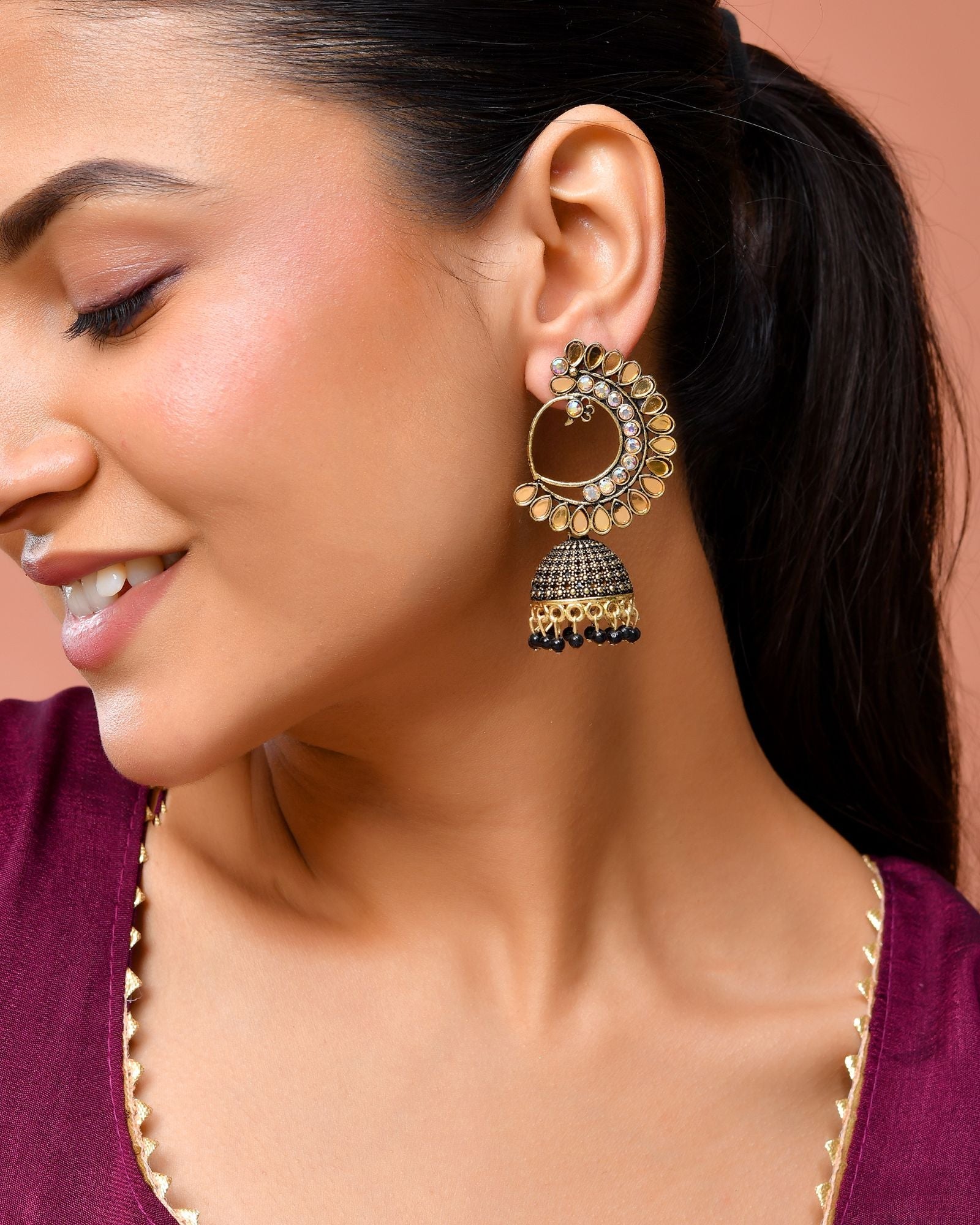 Jewels Nest Gold Plated Kundan Style Black Beaded Jhumka Earrings For Women