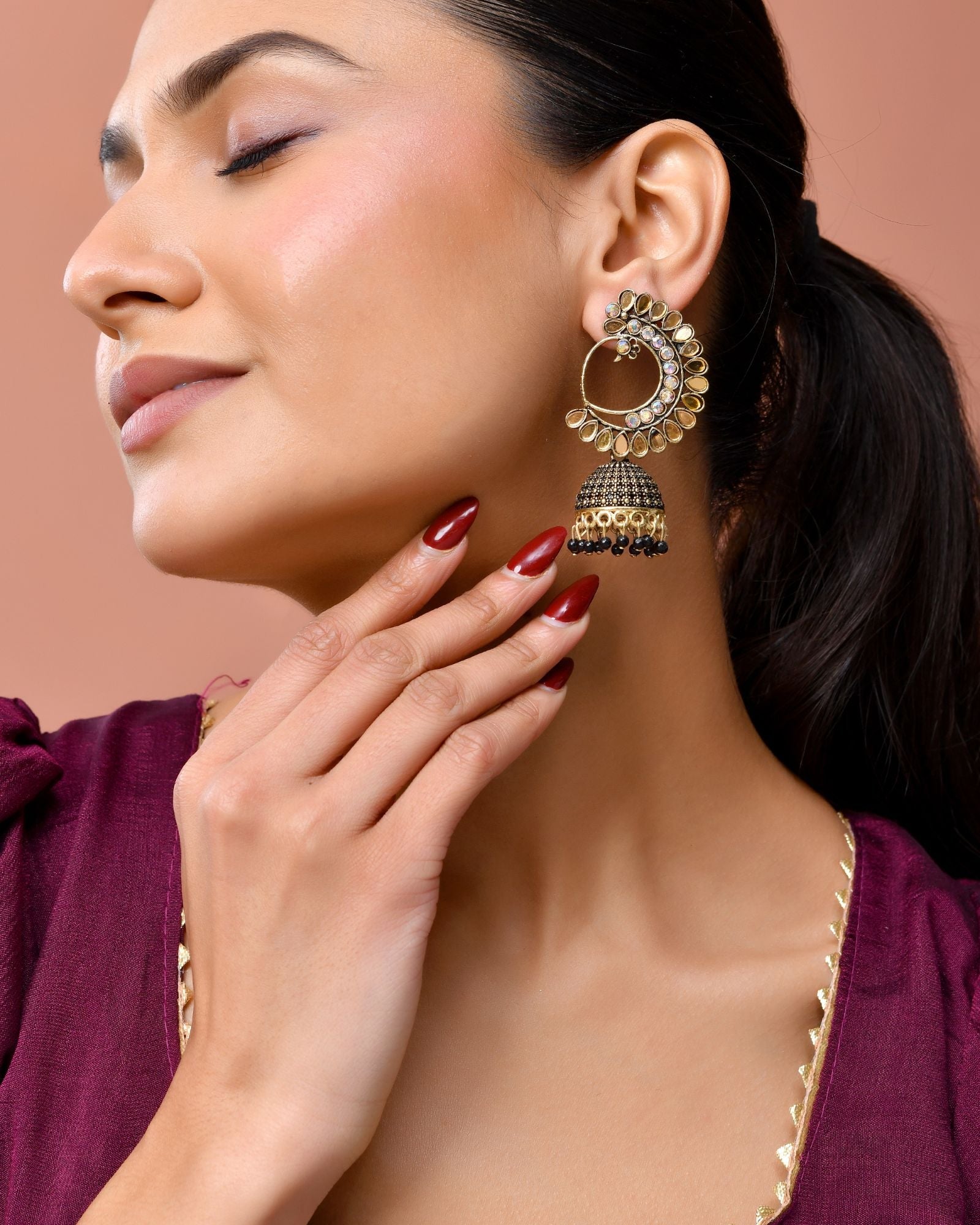 Jewels Nest Gold Plated Kundan Style Black Beaded Jhumka Earrings For Women