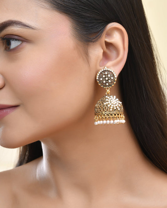 Jewels Nest Gold-Polished Pearl Jhumka Earrings – Traditional Ethnic Design Jewels Nest