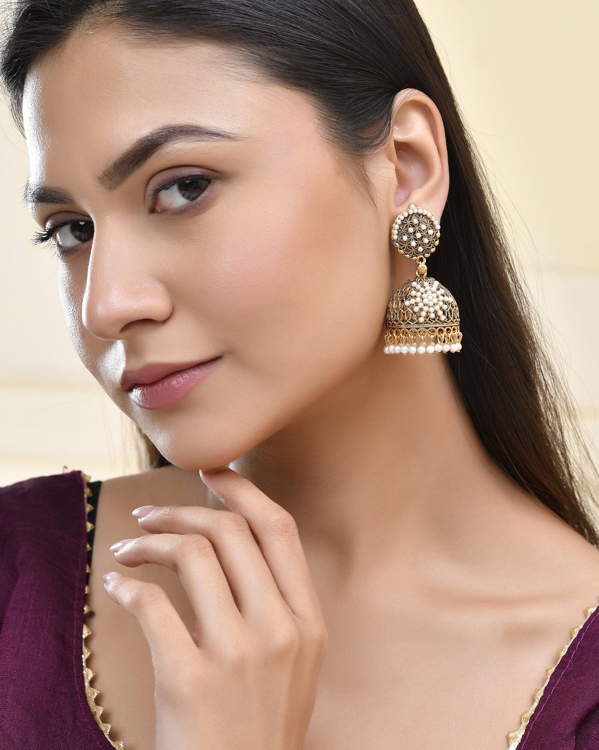 Jewels Nest Gold-Polished Pearl Jhumka Earrings – Traditional Ethnic Design Jewels Nest