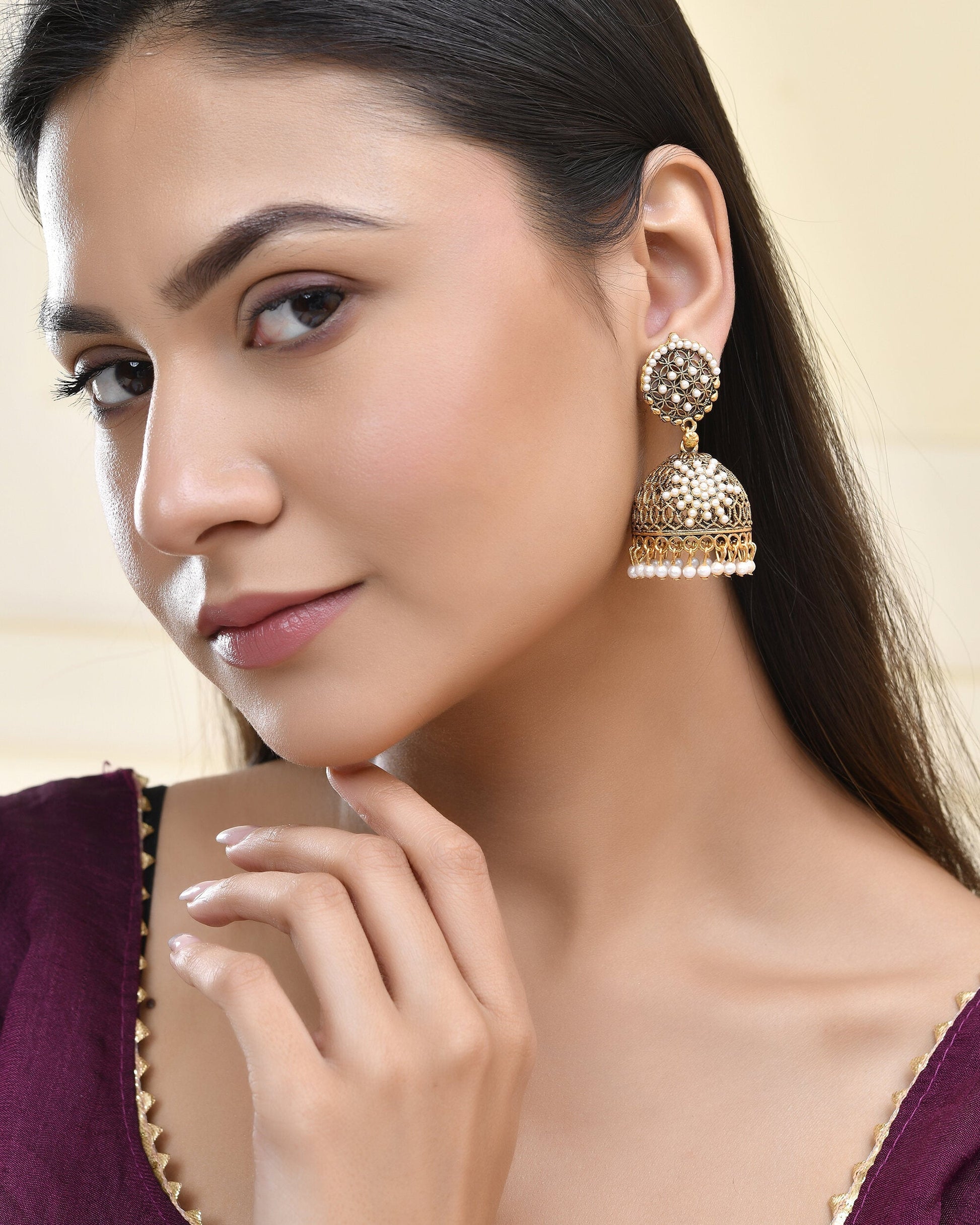 Jewels Nest Gold-Polished Pearl Jhumka Earrings – Traditional Ethnic Design - Swadesiicart