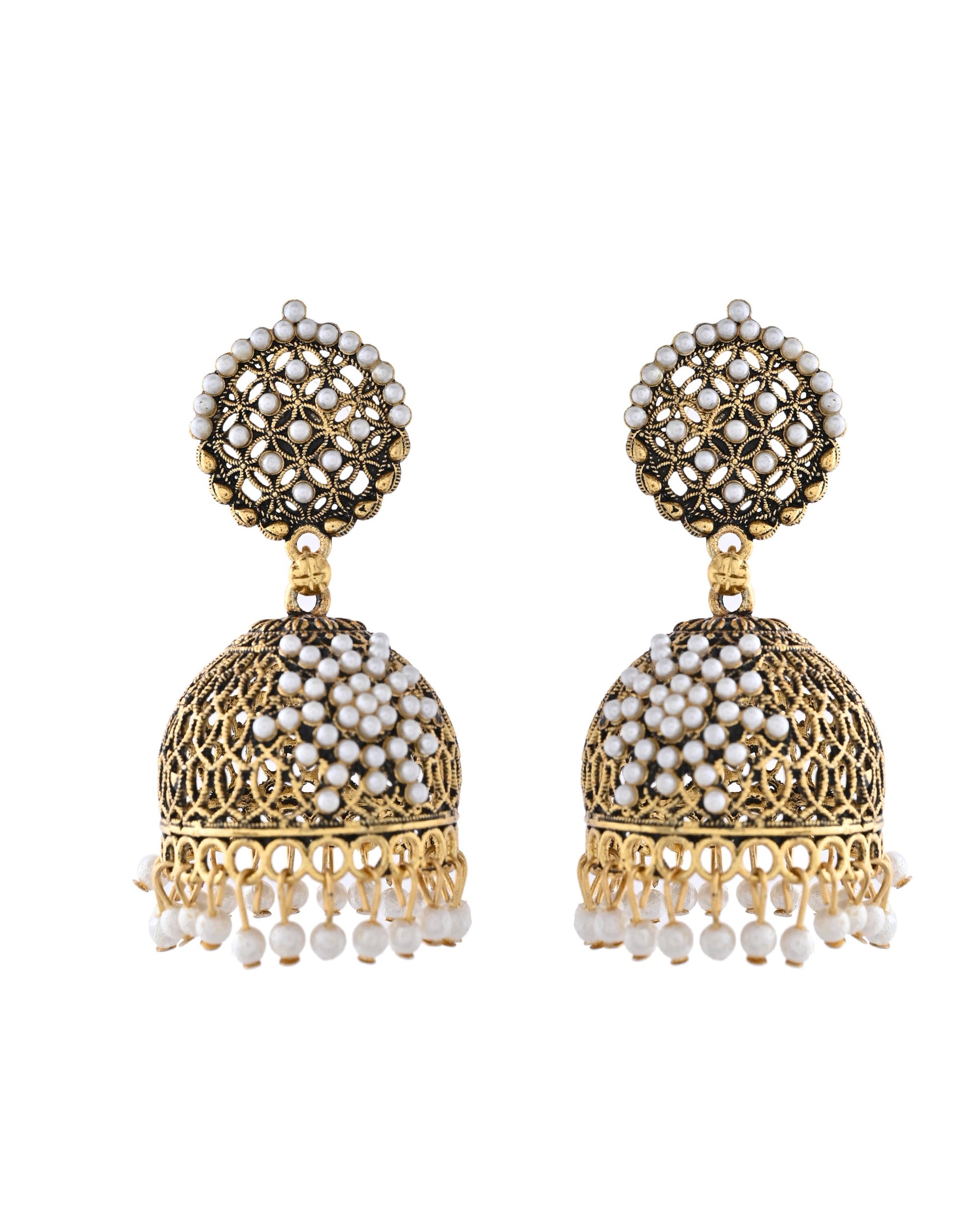 Jewels Nest Gold-Polished Pearl Jhumka Earrings – Traditional Ethnic Design Jewels Nest