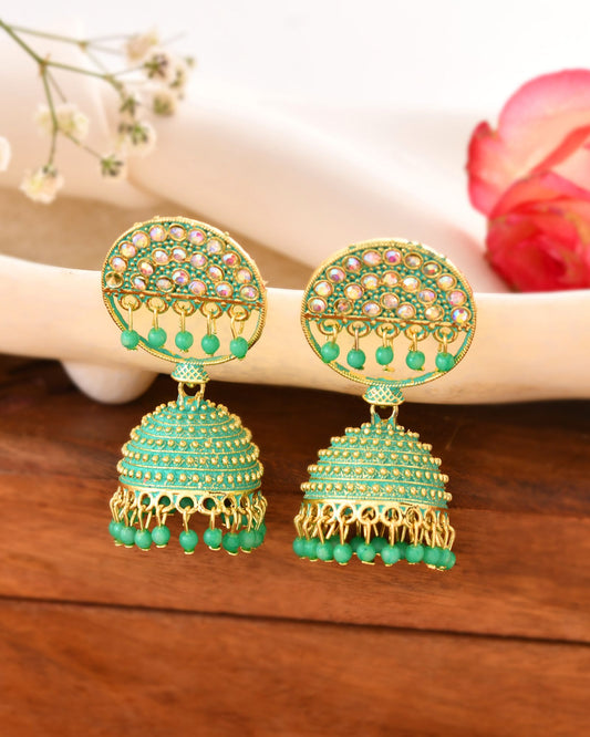 Jewels Nest Gold Plated Kundan Green Dome Jhumka Earrings With Beads For Women