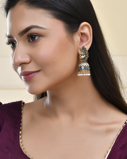 Jewels Nest Peacock-Inspired Gold-Polished Jhumka Earrings with Multicolor Stones Jewels Nest