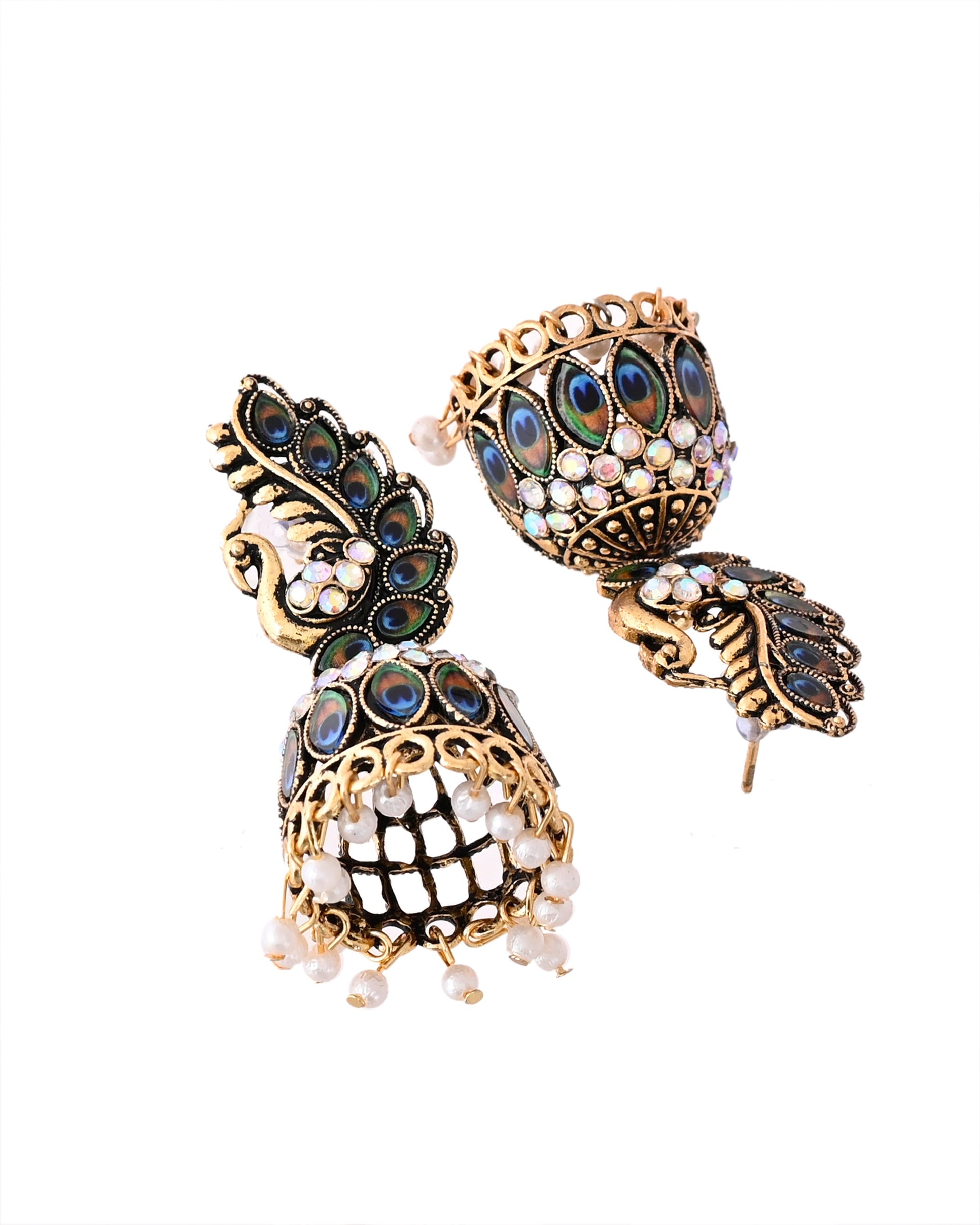 Jewels Nest Peacock-Inspired Gold-Polished Jhumka Earrings with Multicolor Stones Jewels Nest
