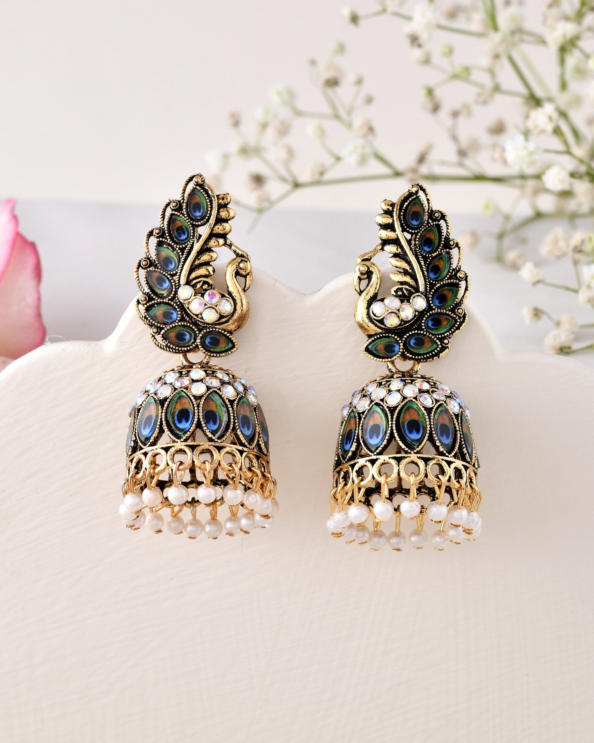 Jewels Nest Peacock-Inspired Gold-Polished Jhumka Earrings with Multicolor Stones Jewels Nest