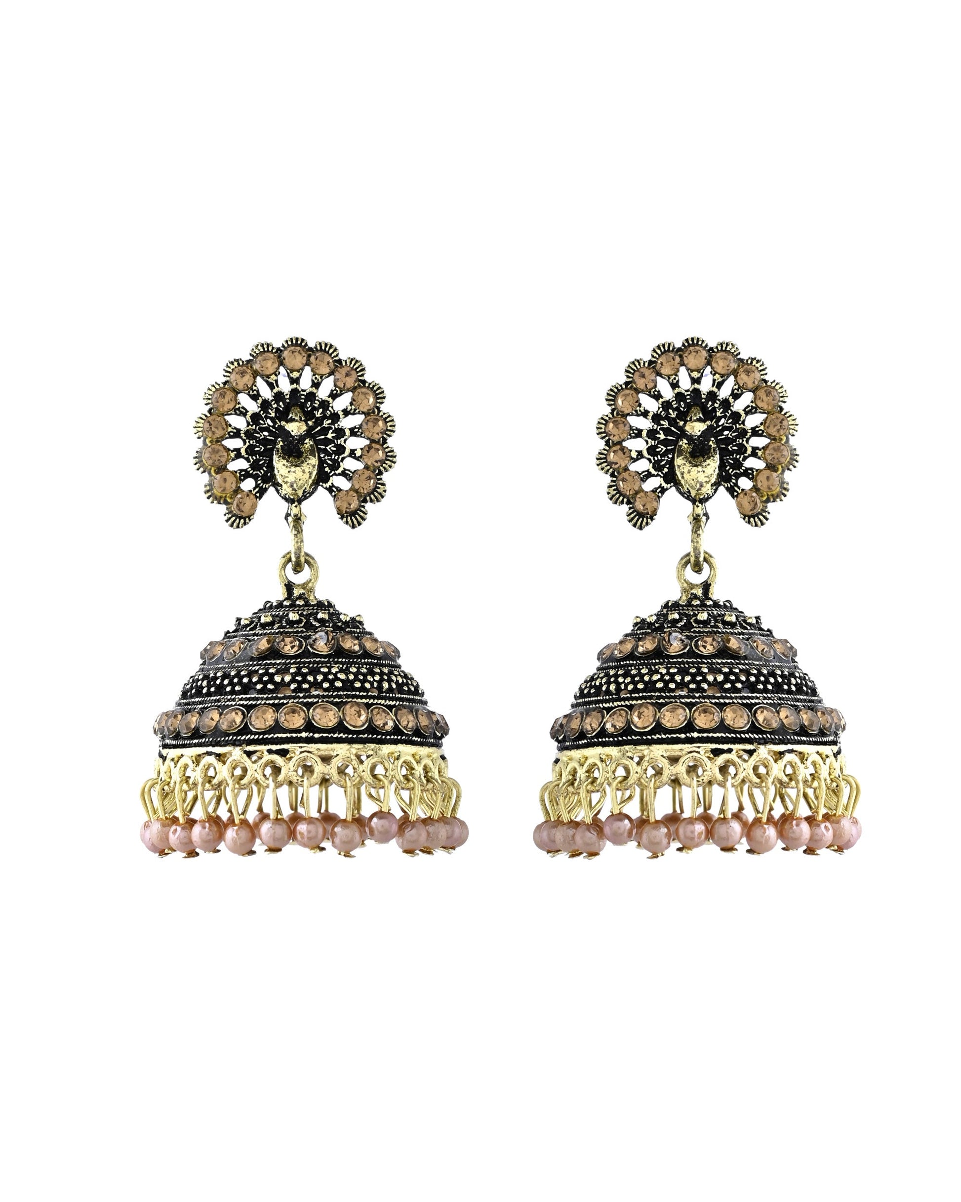 Jewels Nest Antique Gold-Polished Jhumka Earrings with Floral Detailing and Stone Embellishments Jewels Nest