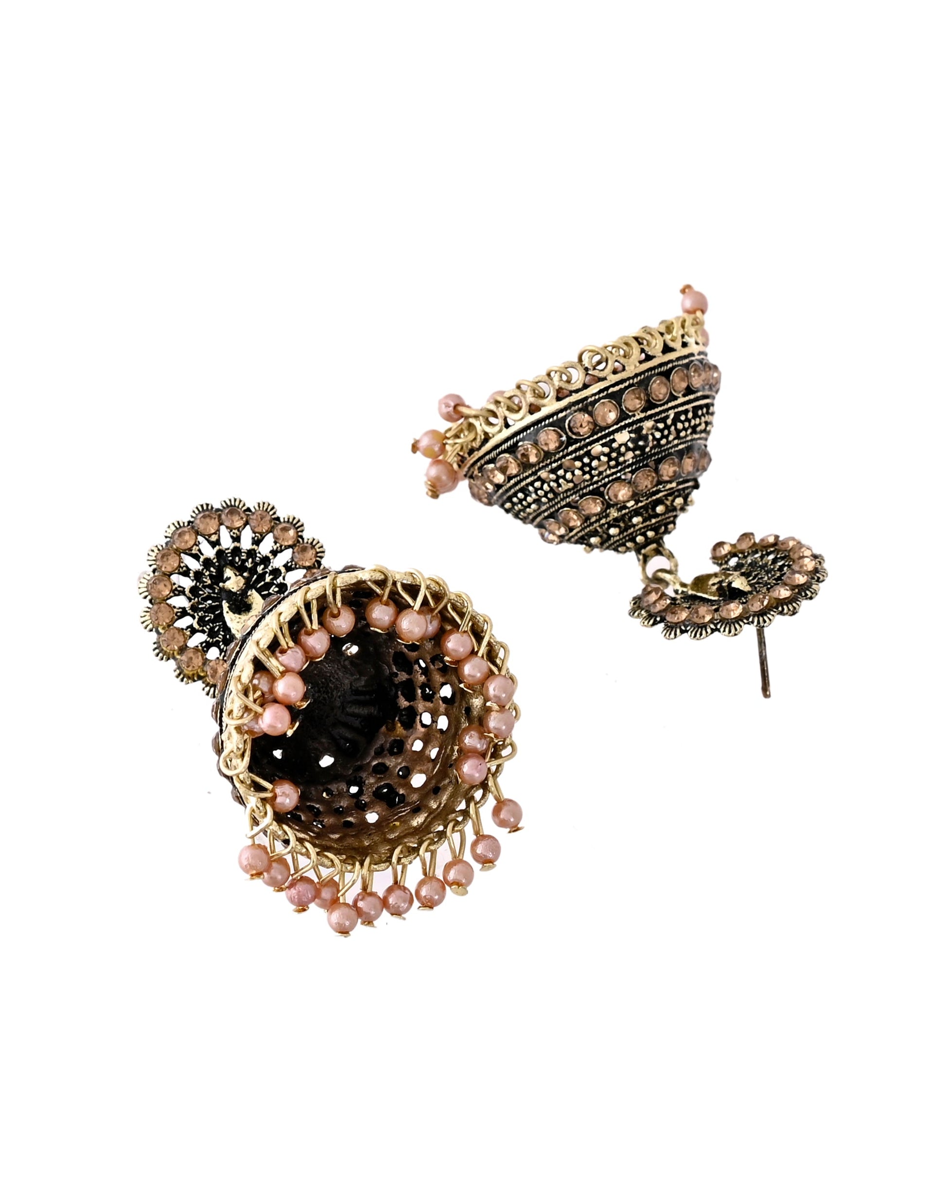Jewels Nest Antique Gold-Polished Jhumka Earrings with Floral Detailing and Stone Embellishments Jewels Nest
