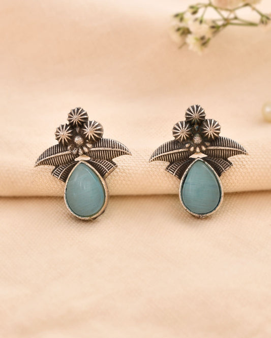 Jewels Nest Oxidised Silver Floral Stud Earrings With Blue Stone For Women