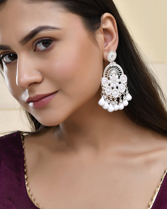 Jewels Nest Silver-Plated White Stone Chandelier Earrings with Floral and Beaded Detailing Jewels Nest