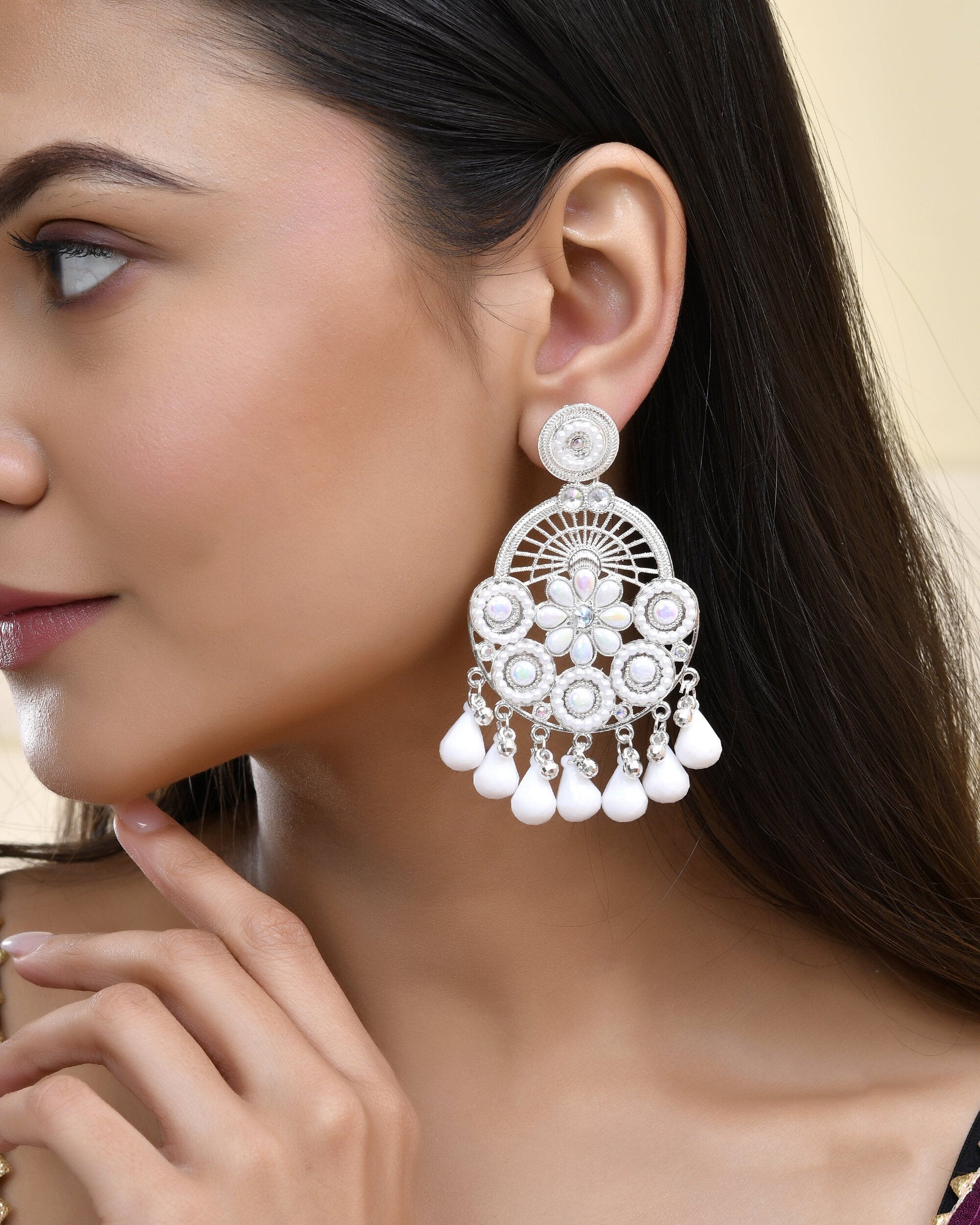Jewels Nest Silver-Plated White Stone Chandelier Earrings with Floral and Beaded Detailing Jewels Nest