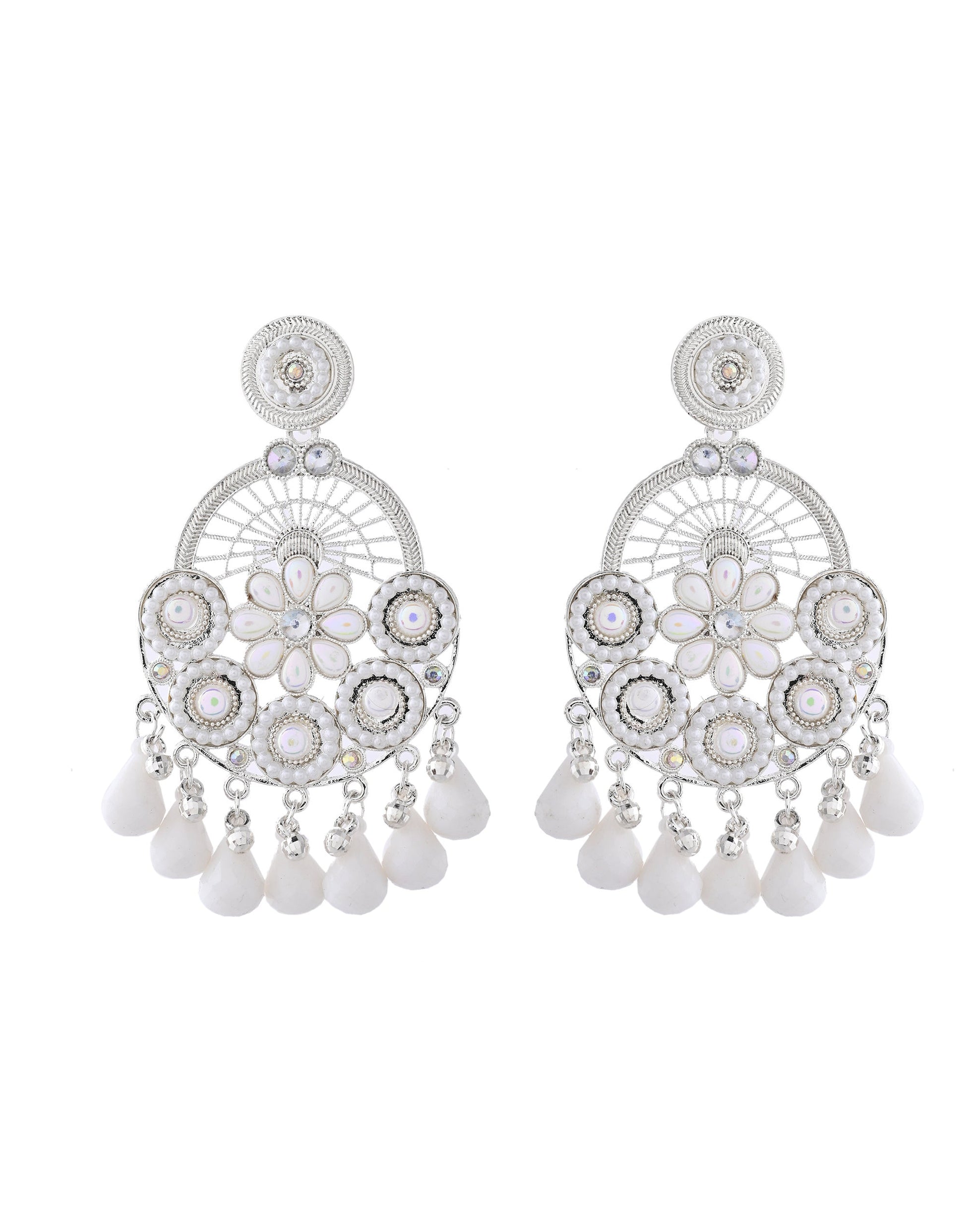 Jewels Nest Silver-Plated White Stone Chandelier Earrings with Floral and Beaded Detailing Jewels Nest