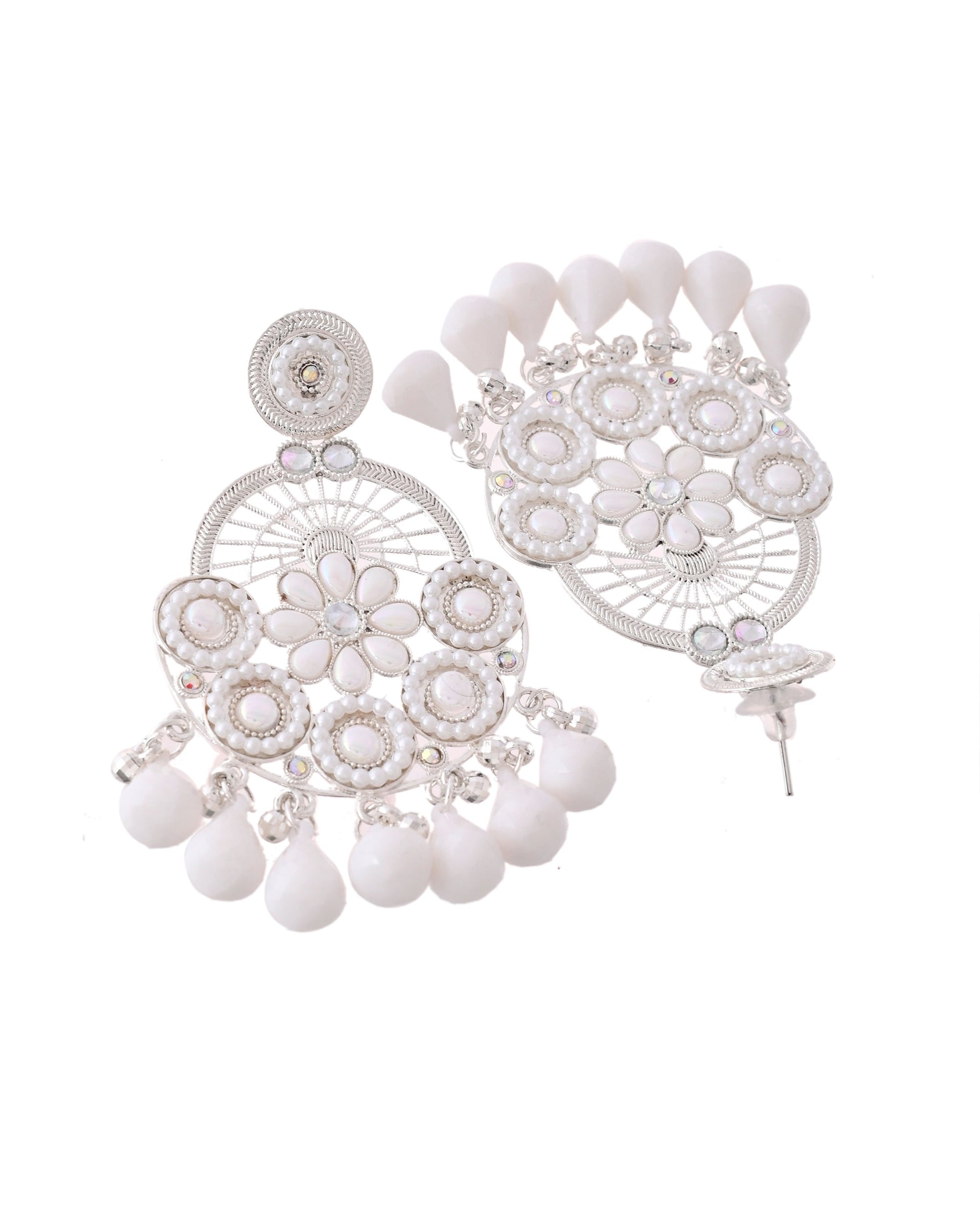 Jewels Nest Silver-Plated White Stone Chandelier Earrings with Floral and Beaded Detailing - Swadesiicart