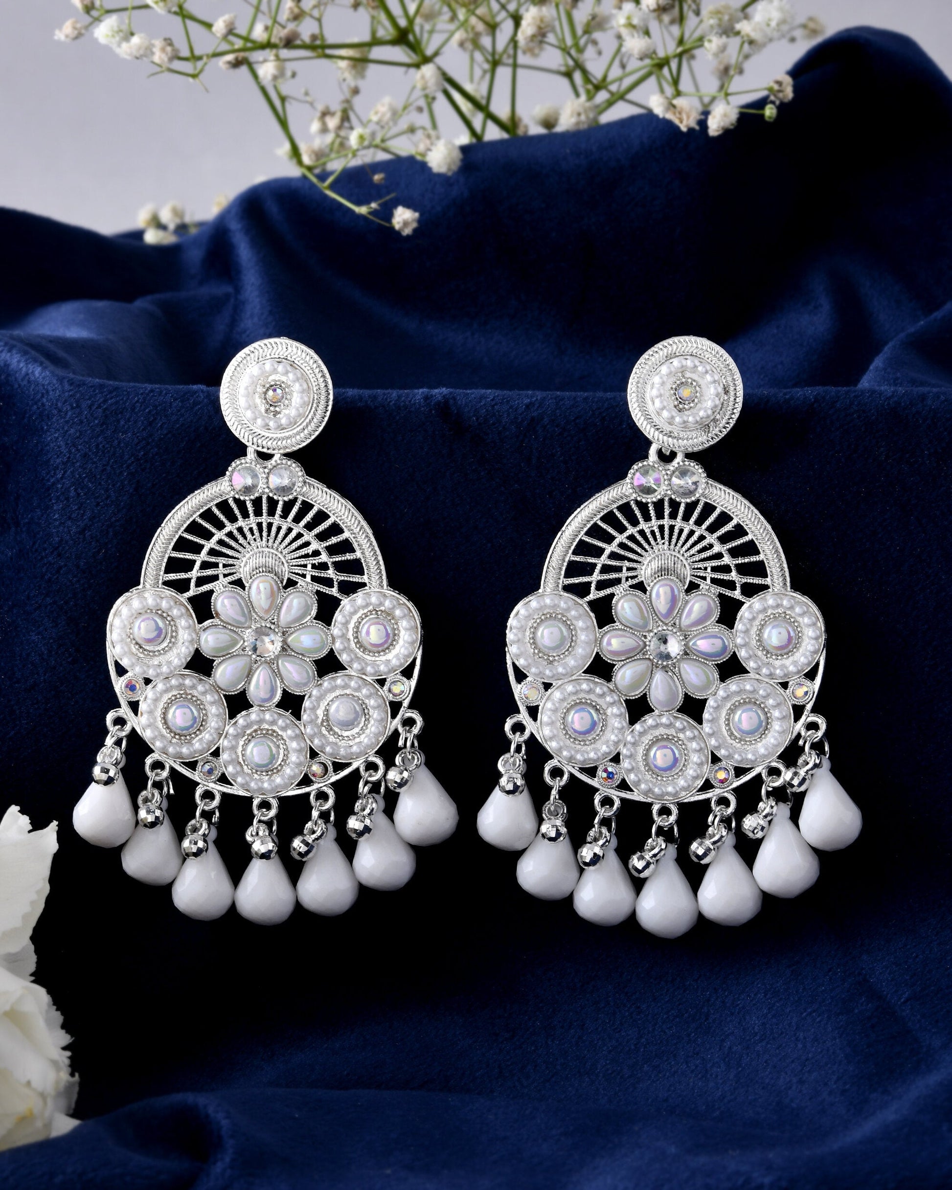 Jewels Nest Silver-Plated White Stone Chandelier Earrings with Floral and Beaded Detailing Jewels Nest