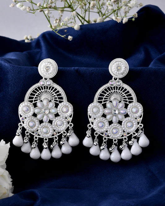 Jewels Nest Silver-Plated White Stone Chandelier Earrings with Floral and Beaded Detailing Jewels Nest