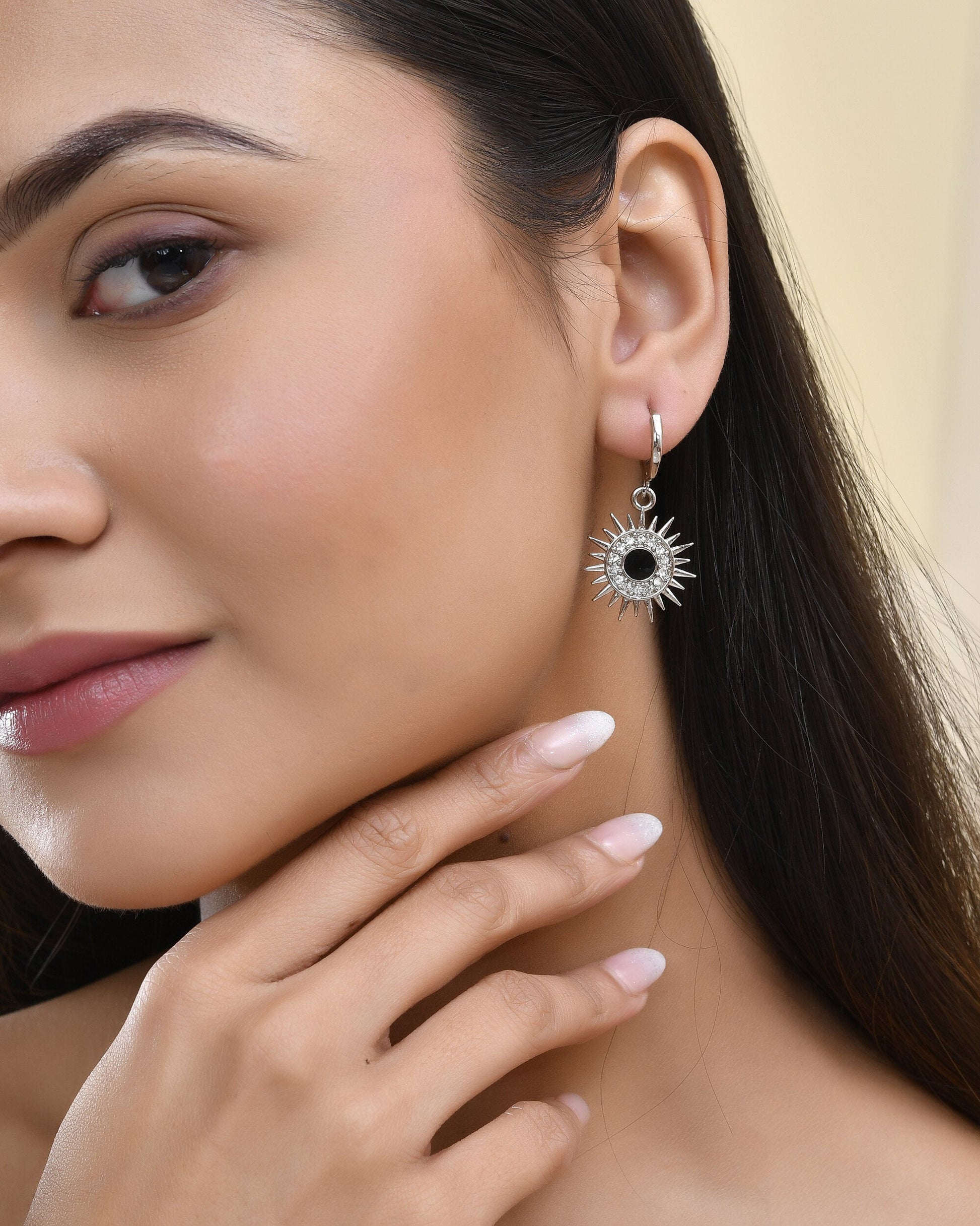 Jewels Nest Stainless Steel Evil Eye Sunburst Dangle Earrings with Crystal Embellishments Jewels Nest