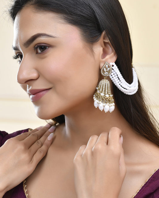 Jewels Nest Grand Traditional Gold and Pearl Jhumka Earrings with Kundan and Layered Pearl Strings Jewels Nest