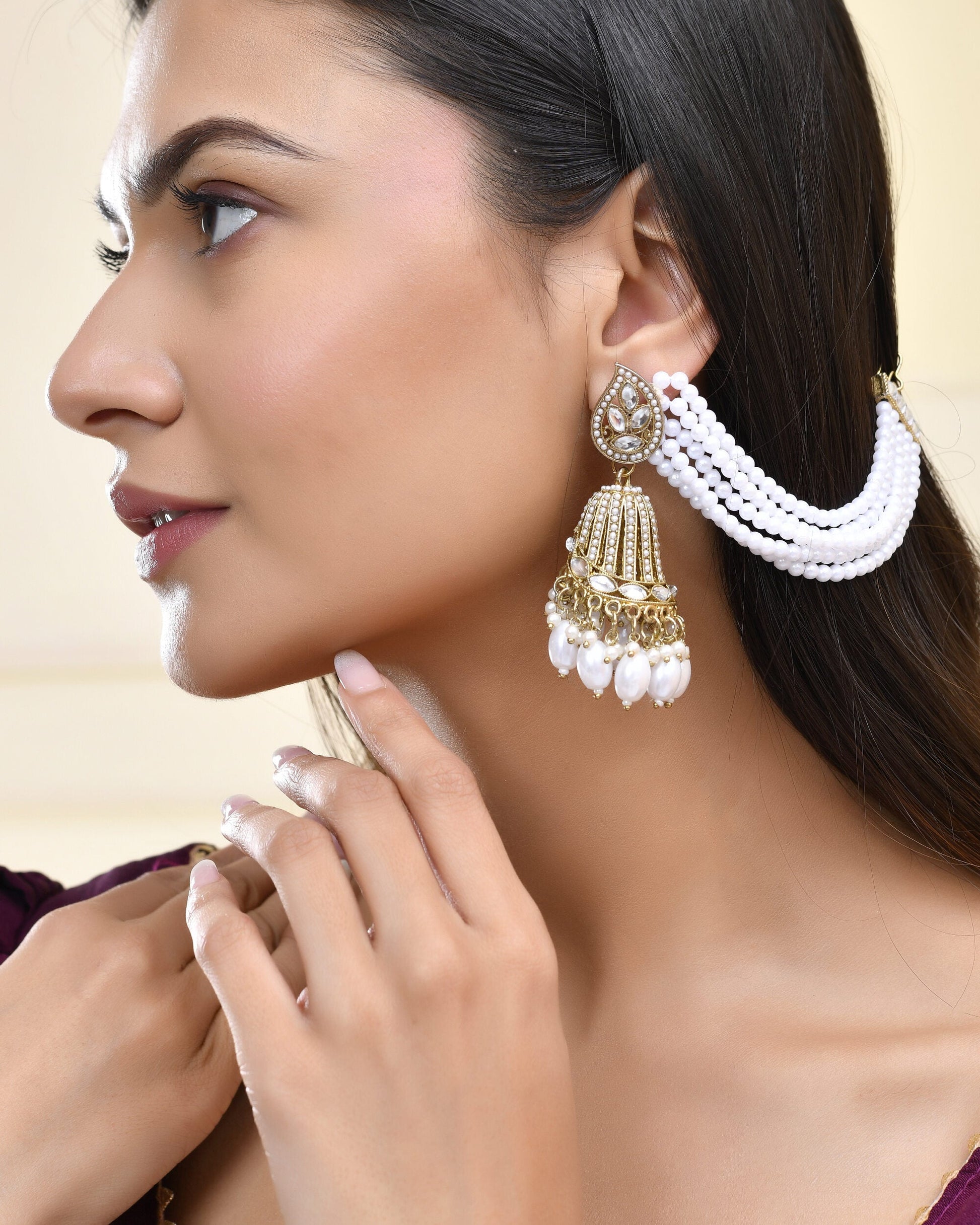 Jewels Nest Grand Traditional Gold and Pearl Jhumka Earrings with Kundan and Layered Pearl Strings Jewels Nest