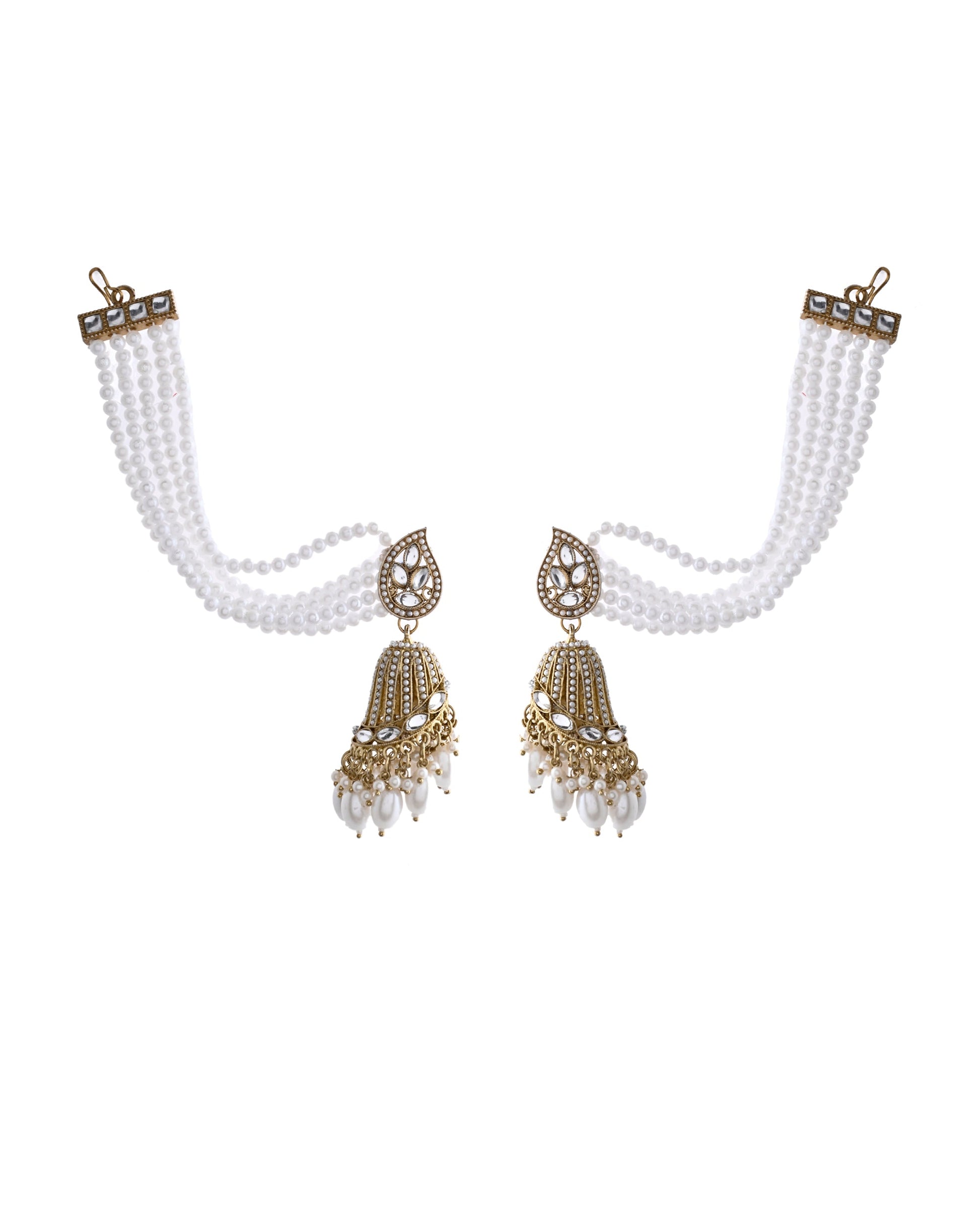 Jewels Nest Grand Traditional Gold and Pearl Jhumka Earrings with Kundan and Layered Pearl Strings Jewels Nest