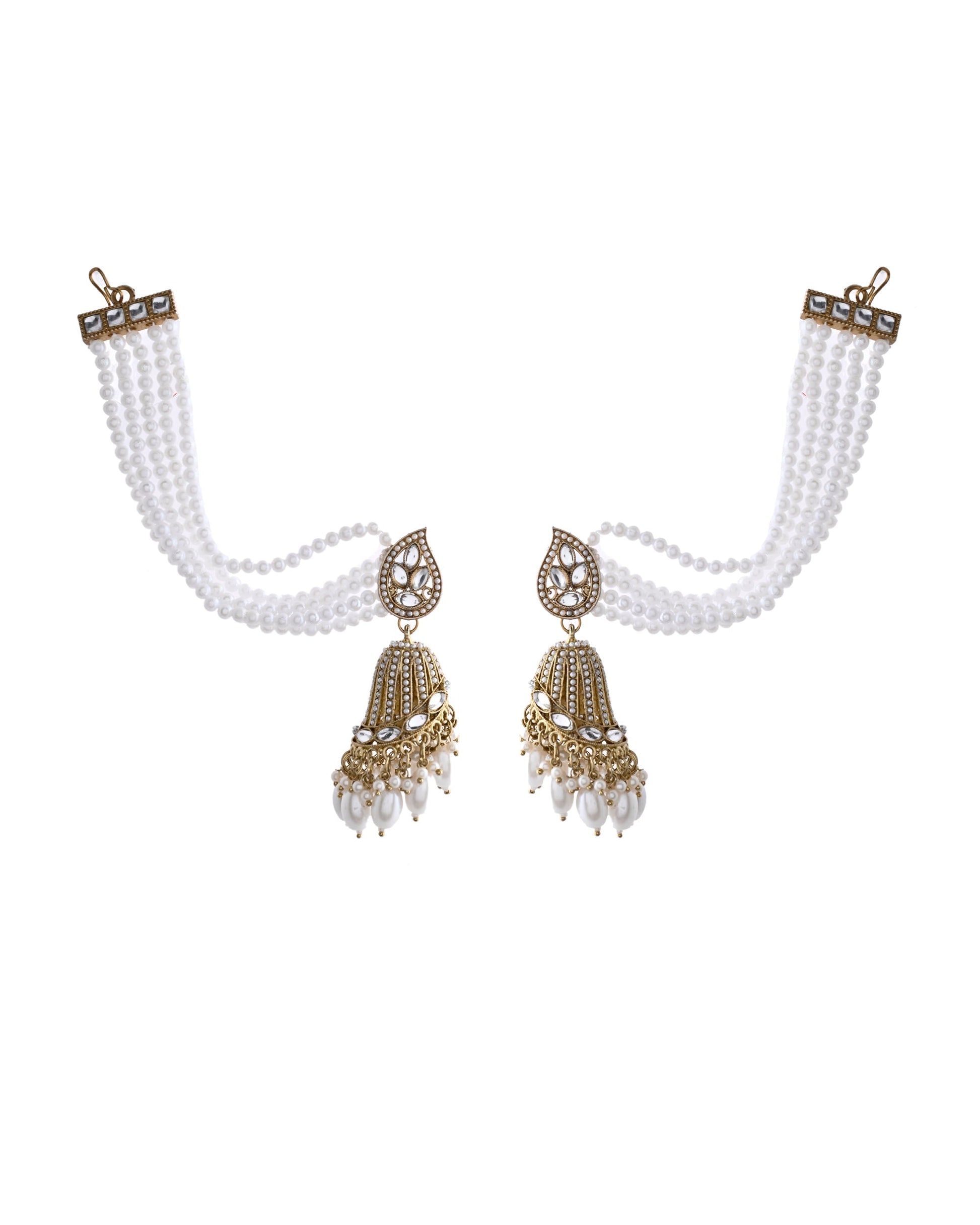 Jewels Nest Grand Traditional Gold and Pearl Jhumka Earrings with Kundan and Layered Pearl Strings - Swadesiicart