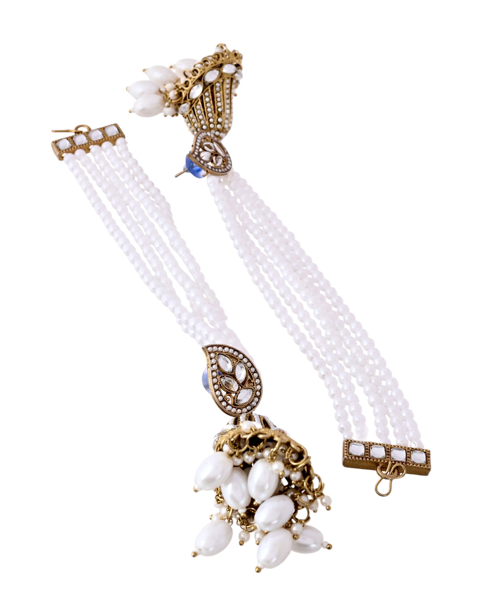 Jewels Nest Grand Traditional Gold and Pearl Jhumka Earrings with Kundan and Layered Pearl Strings Jewels Nest