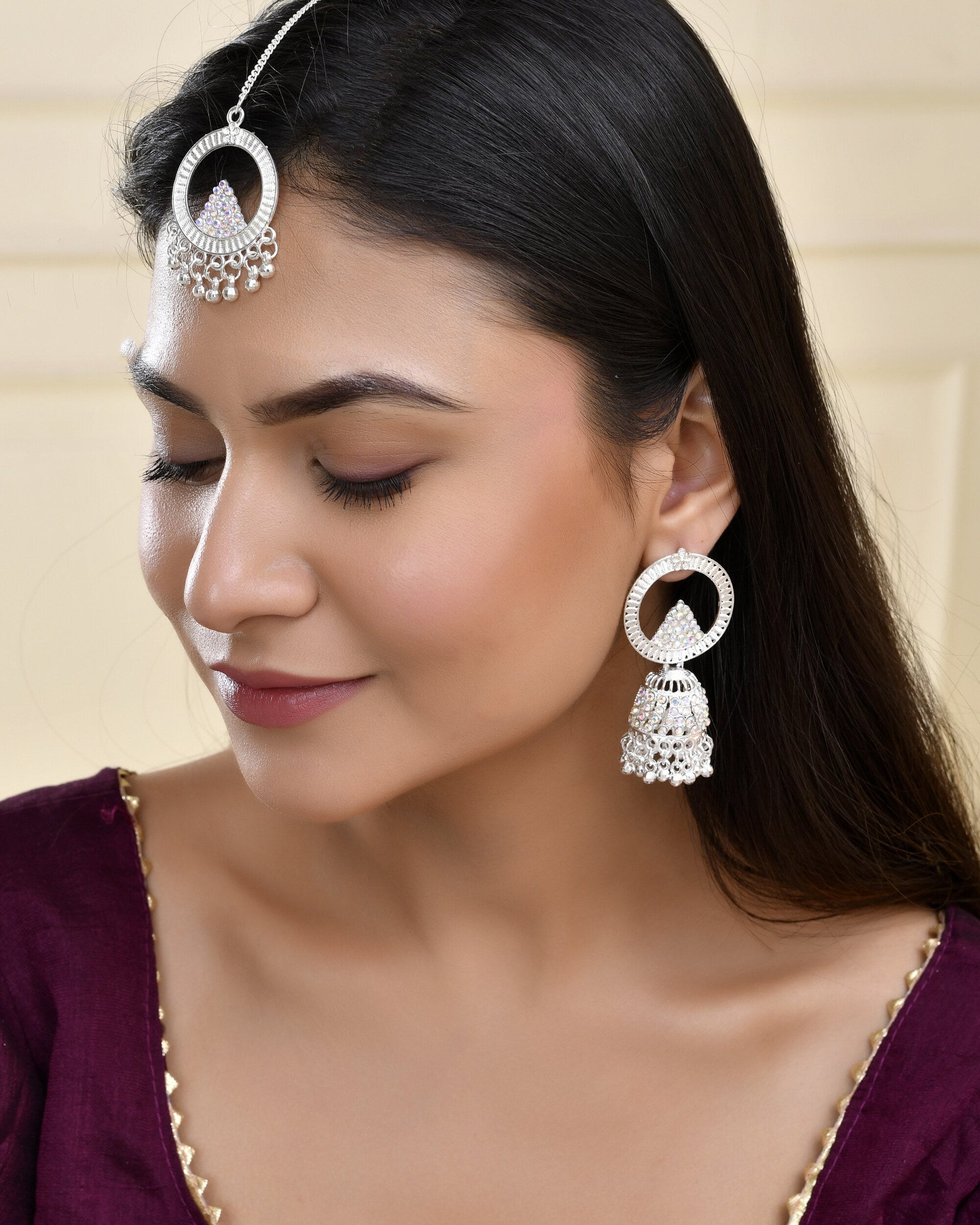 Jewels Nest Silver-Plated Crystal Embellished Jhumka Earrings with Circular Hoops Jewels Nest