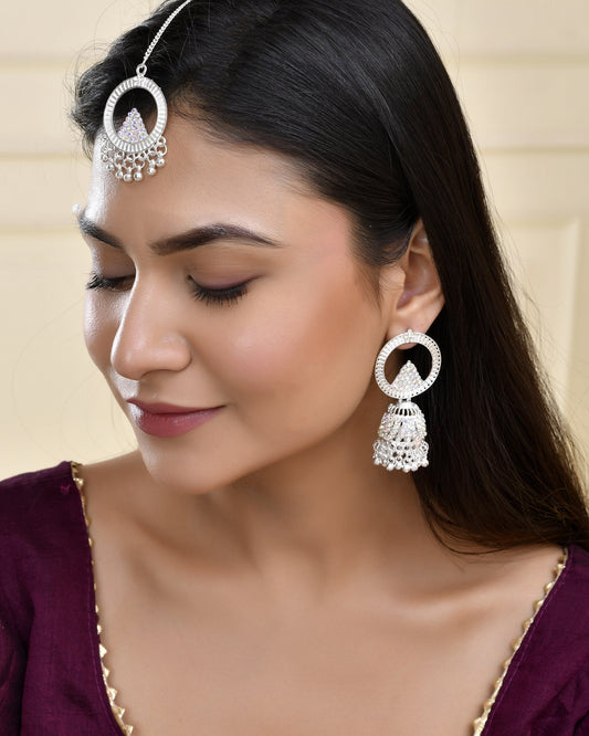 Jewels Nest Silver-Plated Crystal Embellished Jhumka Earrings with Circular Hoops Jewels Nest