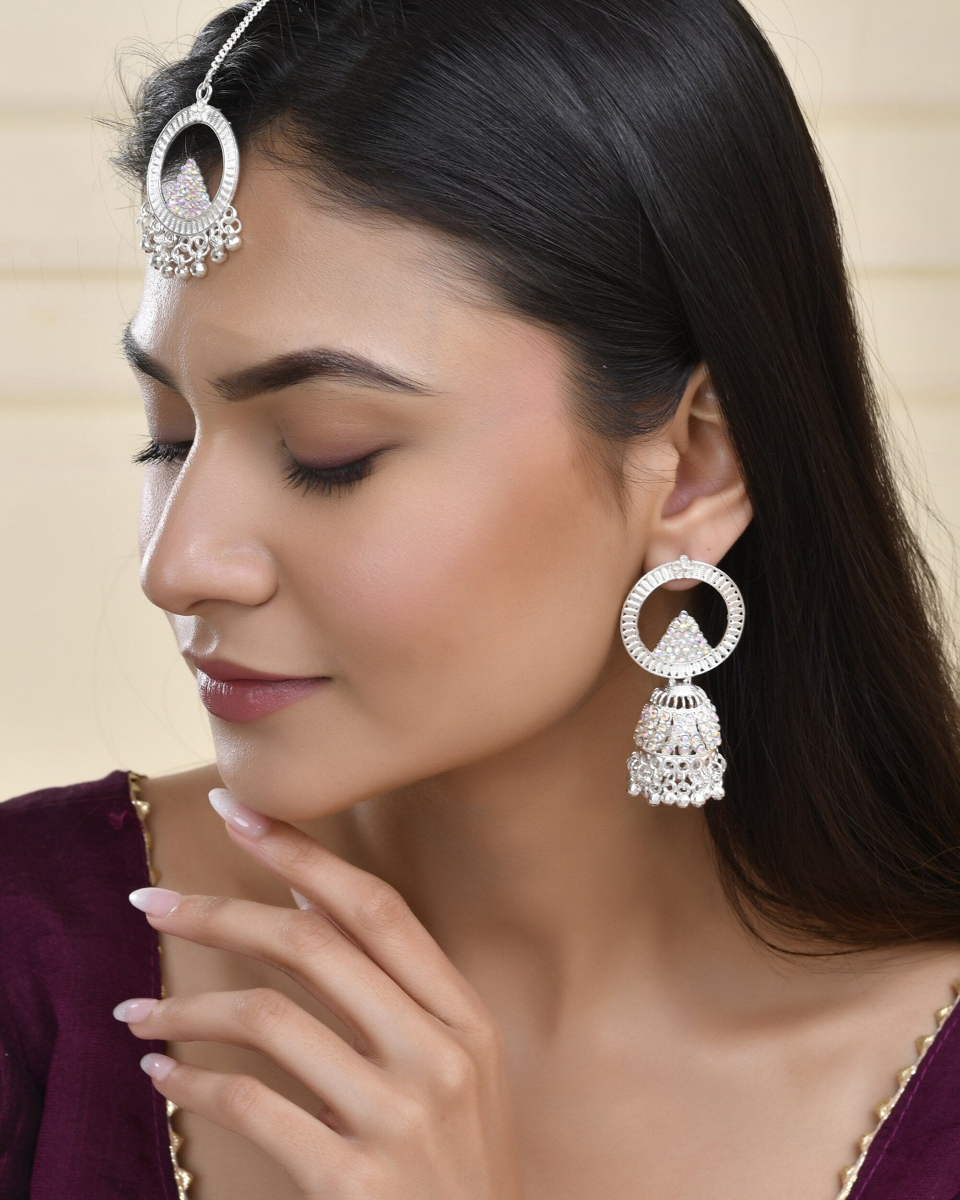 Jewels Nest Silver-Plated Crystal Embellished Jhumka Earrings with Circular Hoops Jewels Nest