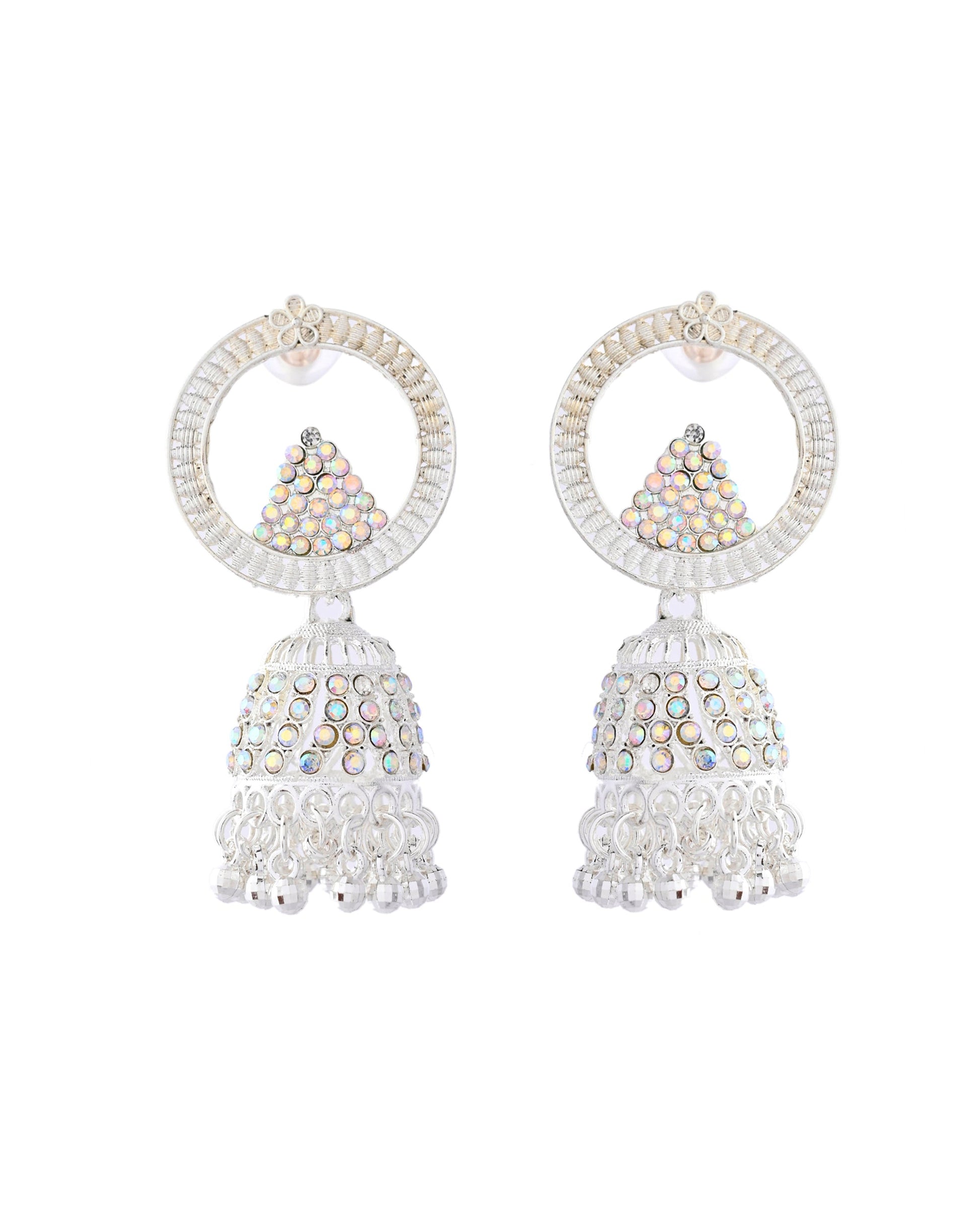 Jewels Nest Silver-Plated Crystal Embellished Jhumka Earrings with Circular Hoops Jewels Nest