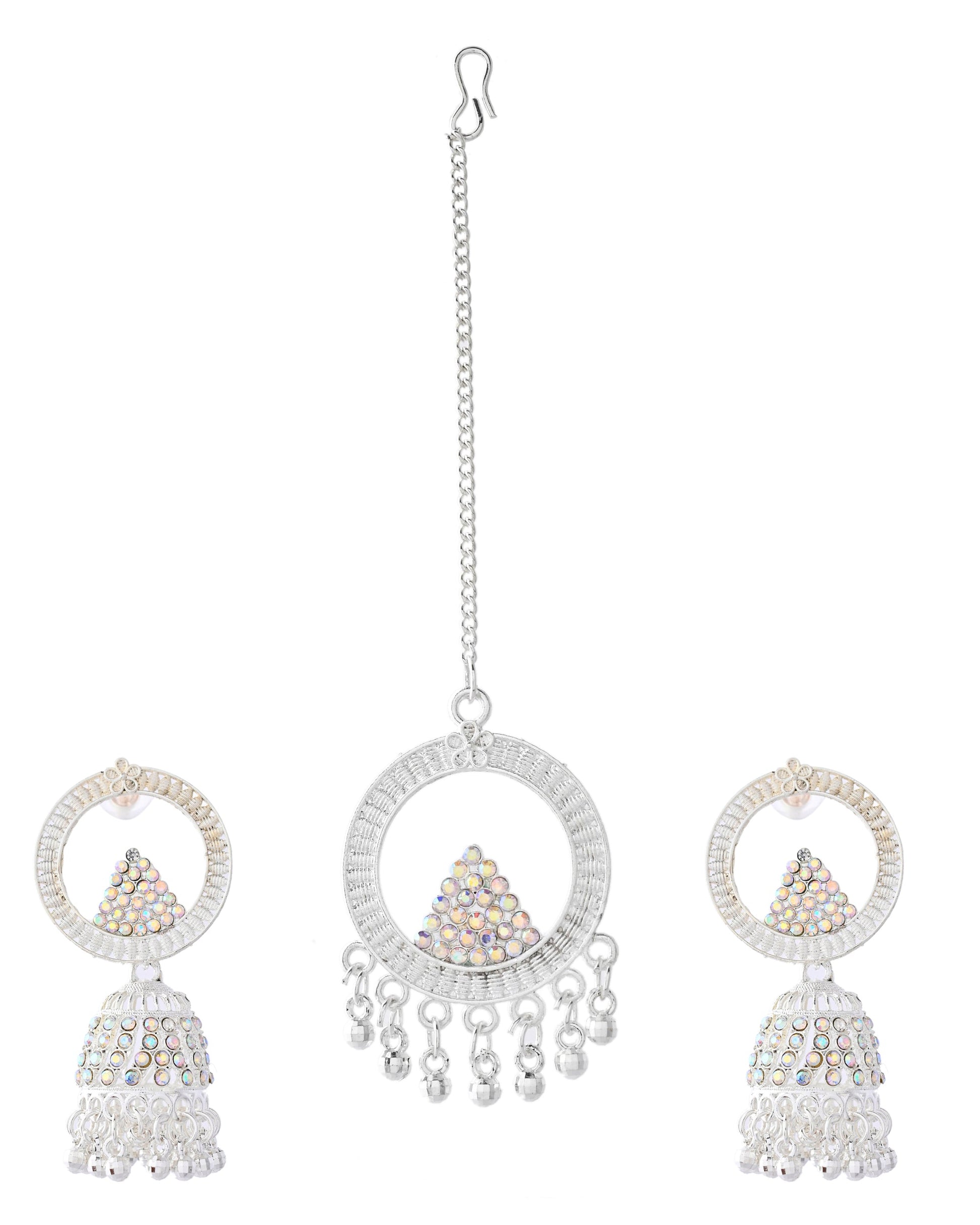 Jewels Nest Silver-Plated Crystal Embellished Jhumka Earrings with Circular Hoops Jewels Nest