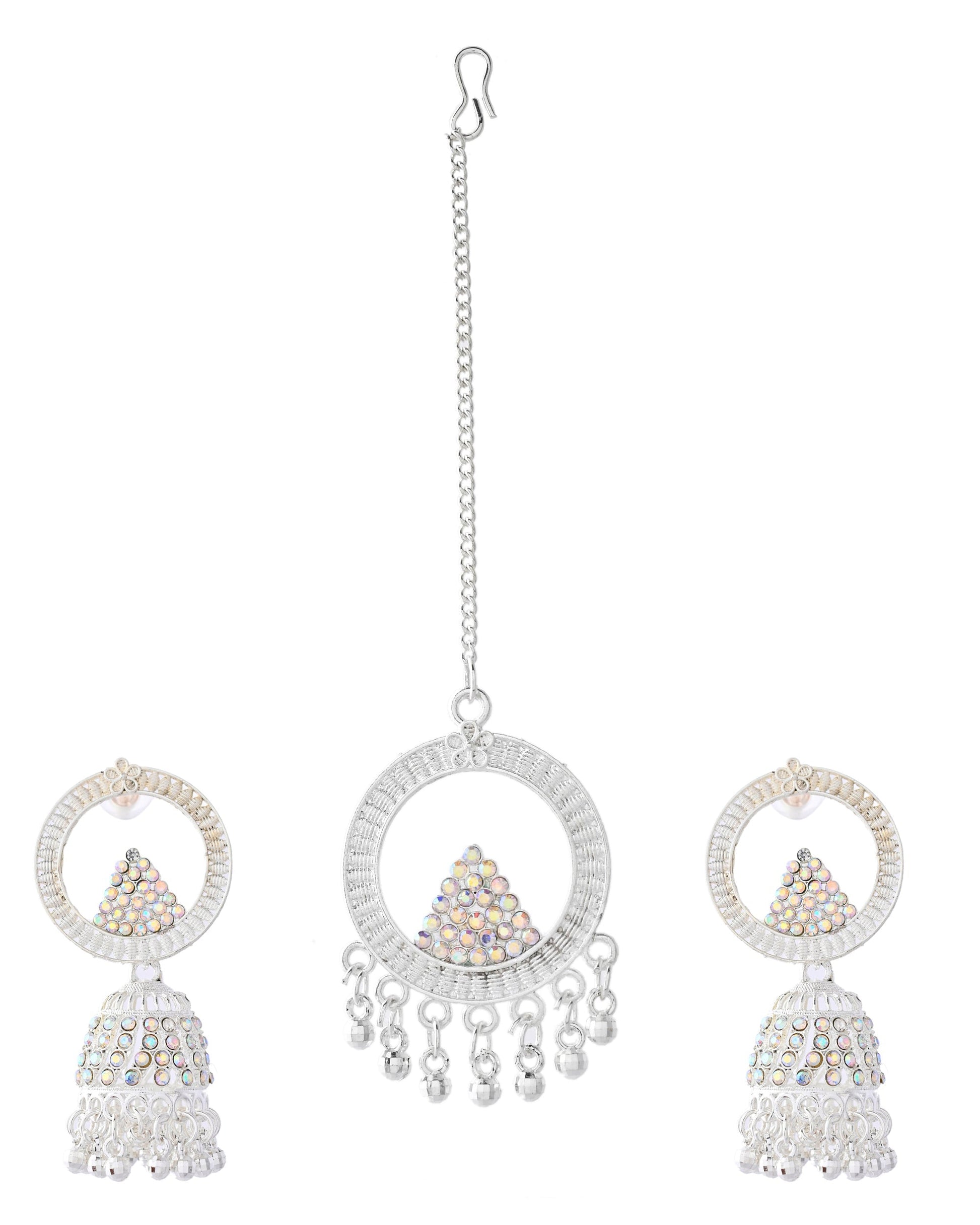 Jewels Nest Silver-Plated Crystal Embellished Jhumka Earrings with Circular Hoops - Swadesiicart