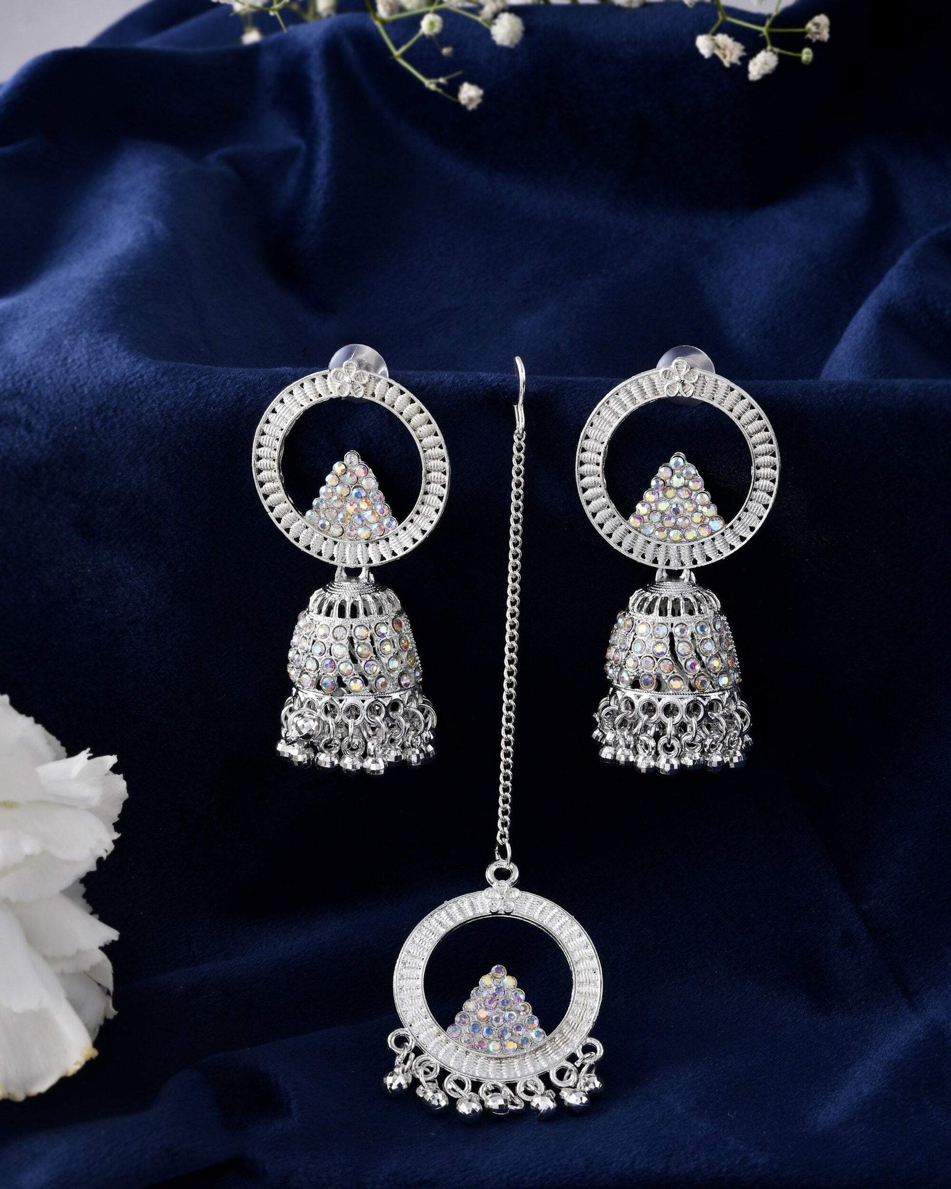 Jewels Nest Silver-Plated Crystal Embellished Jhumka Earrings with Circular Hoops Jewels Nest