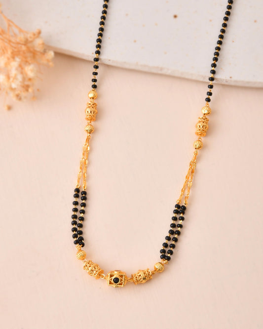 Jewels Nest Gold-Tone Black Beaded Mangalsutra Necklace With Filigree Center Design