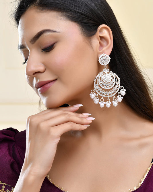Jewels Nest Silver-Plated Grand Chandbali Earrings with Pearl and Kundan Work Jewels Nest