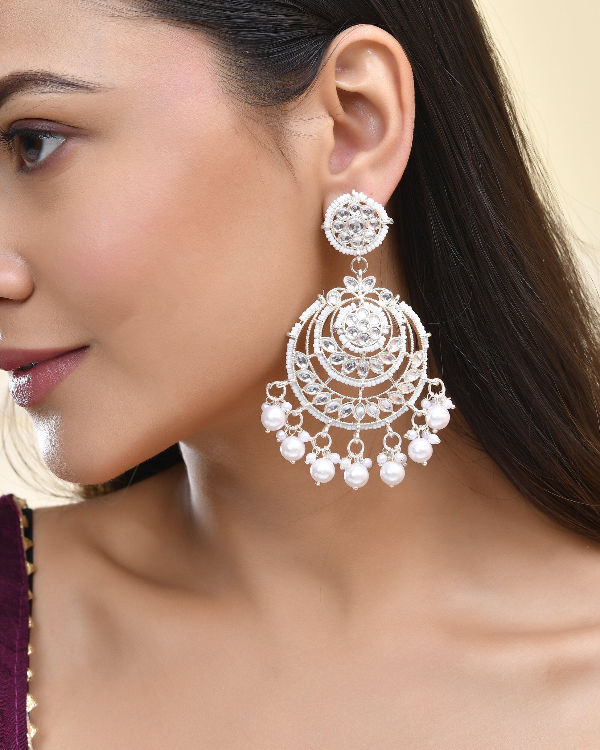 Jewels Nest Silver-Plated Grand Chandbali Earrings with Pearl and Kundan Work Jewels Nest