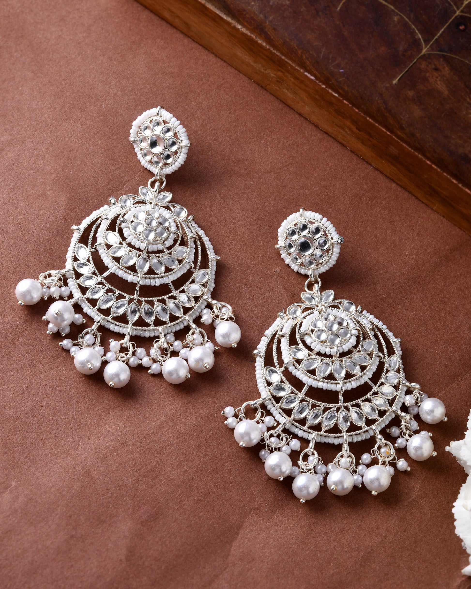 Jewels Nest Silver-Plated Grand Chandbali Earrings with Pearl and Kundan Work Jewels Nest