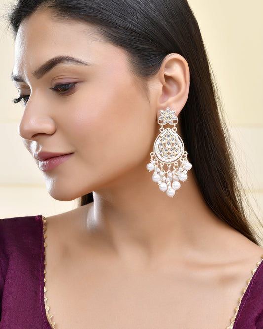 Jewels Nest Pearl-Embellished Kundan Teardrop Earrings with Floral Detailing Jewels Nest