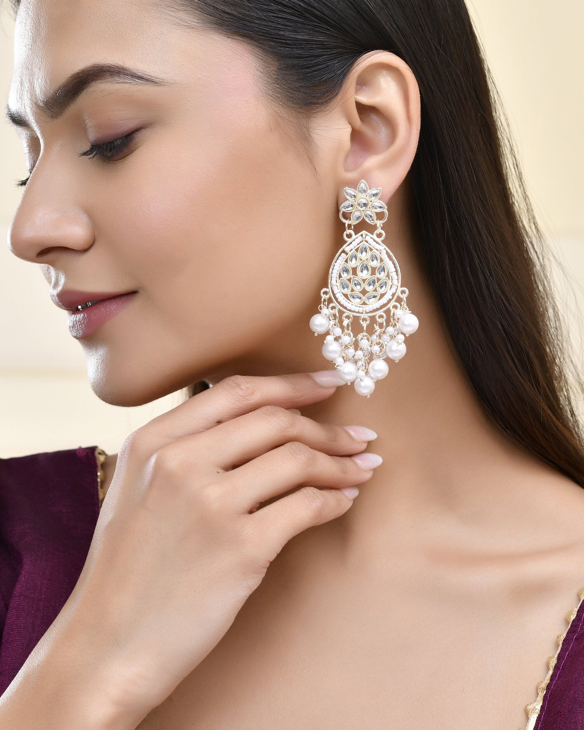 Jewels Nest Pearl-Embellished Kundan Teardrop Earrings with Floral Detailing Jewels Nest