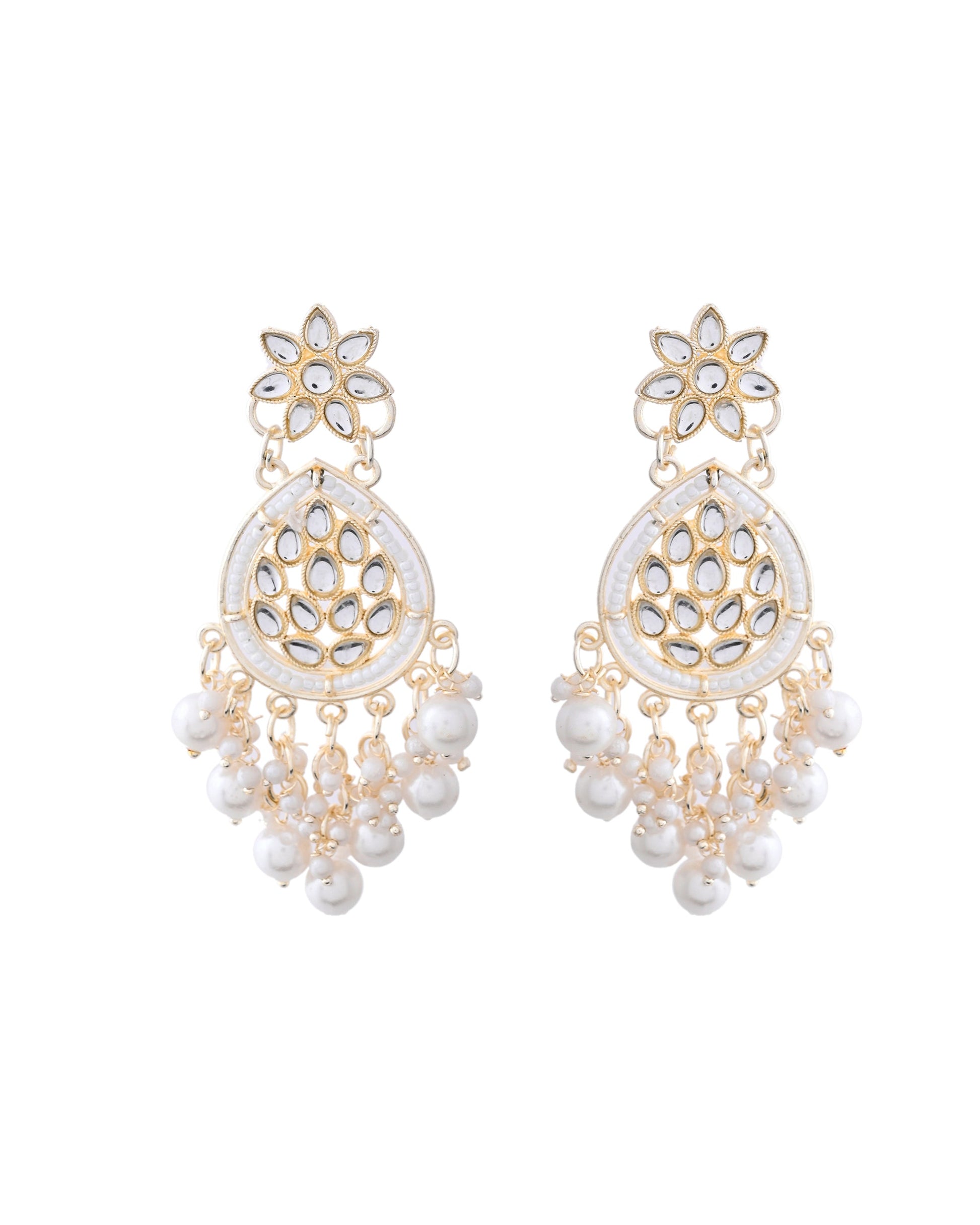 Jewels Nest Pearl-Embellished Kundan Teardrop Earrings with Floral Detailing Jewels Nest