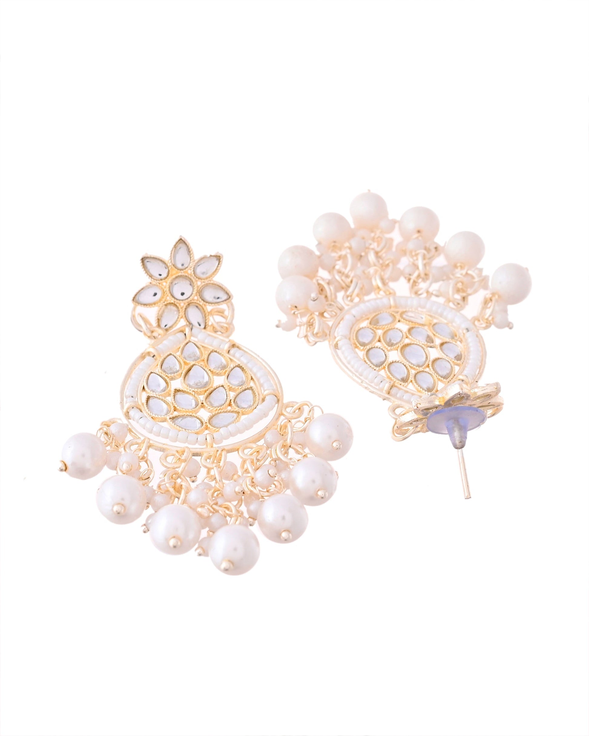 Jewels Nest Pearl-Embellished Kundan Teardrop Earrings with Floral Detailing - Swadesiicart