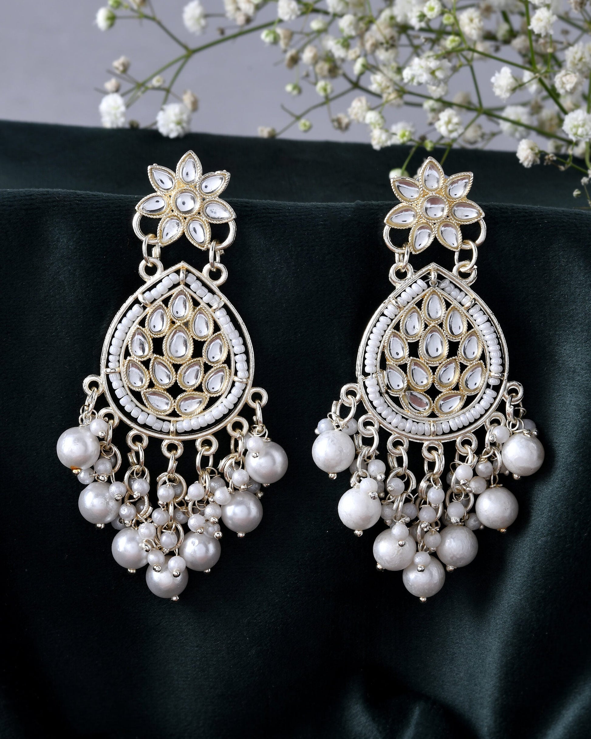 Jewels Nest Pearl-Embellished Kundan Teardrop Earrings with Floral Detailing - Swadesiicart