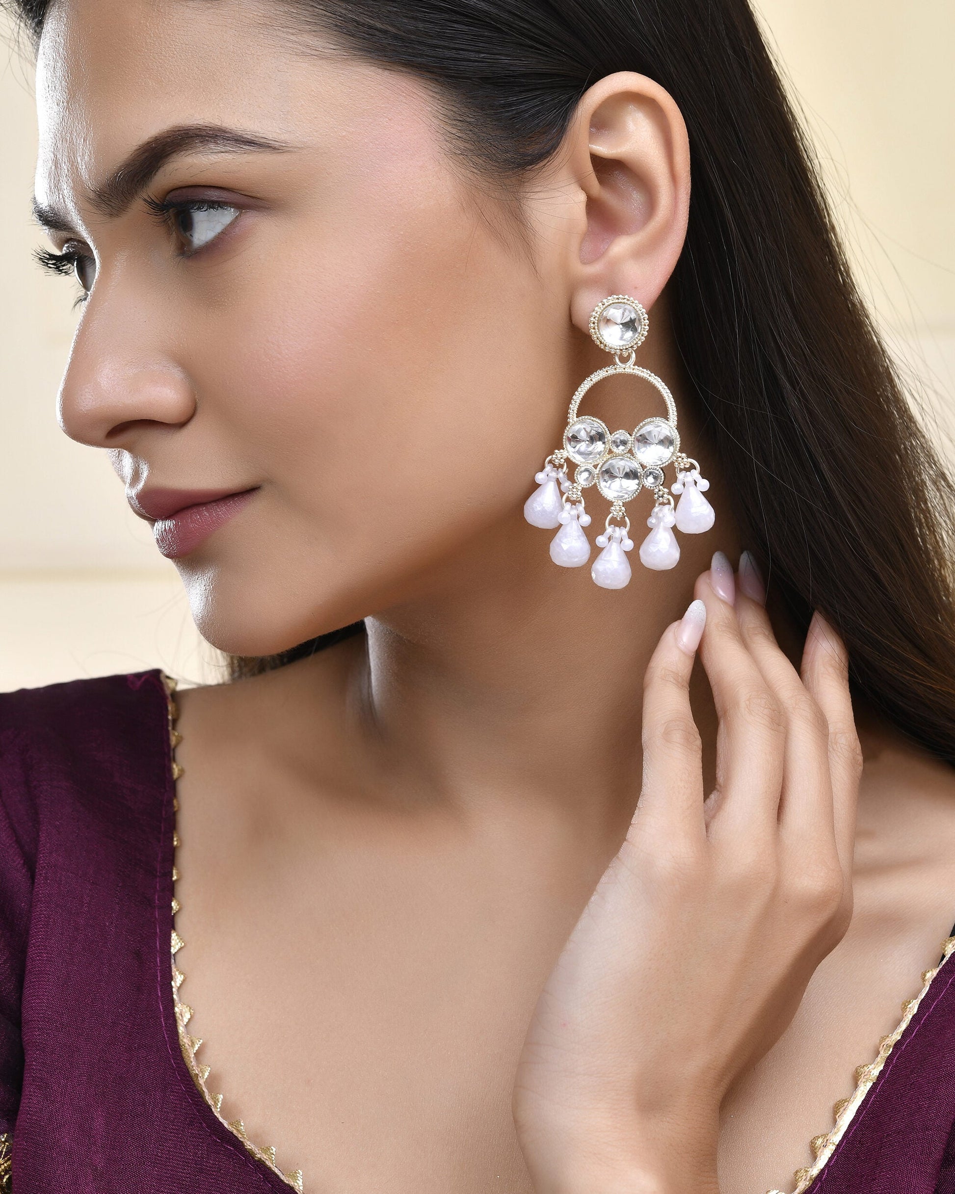 Jewels Nest Gold-Polished Hoop Earrings with Kundan and Pearl Hangings Jewels Nest