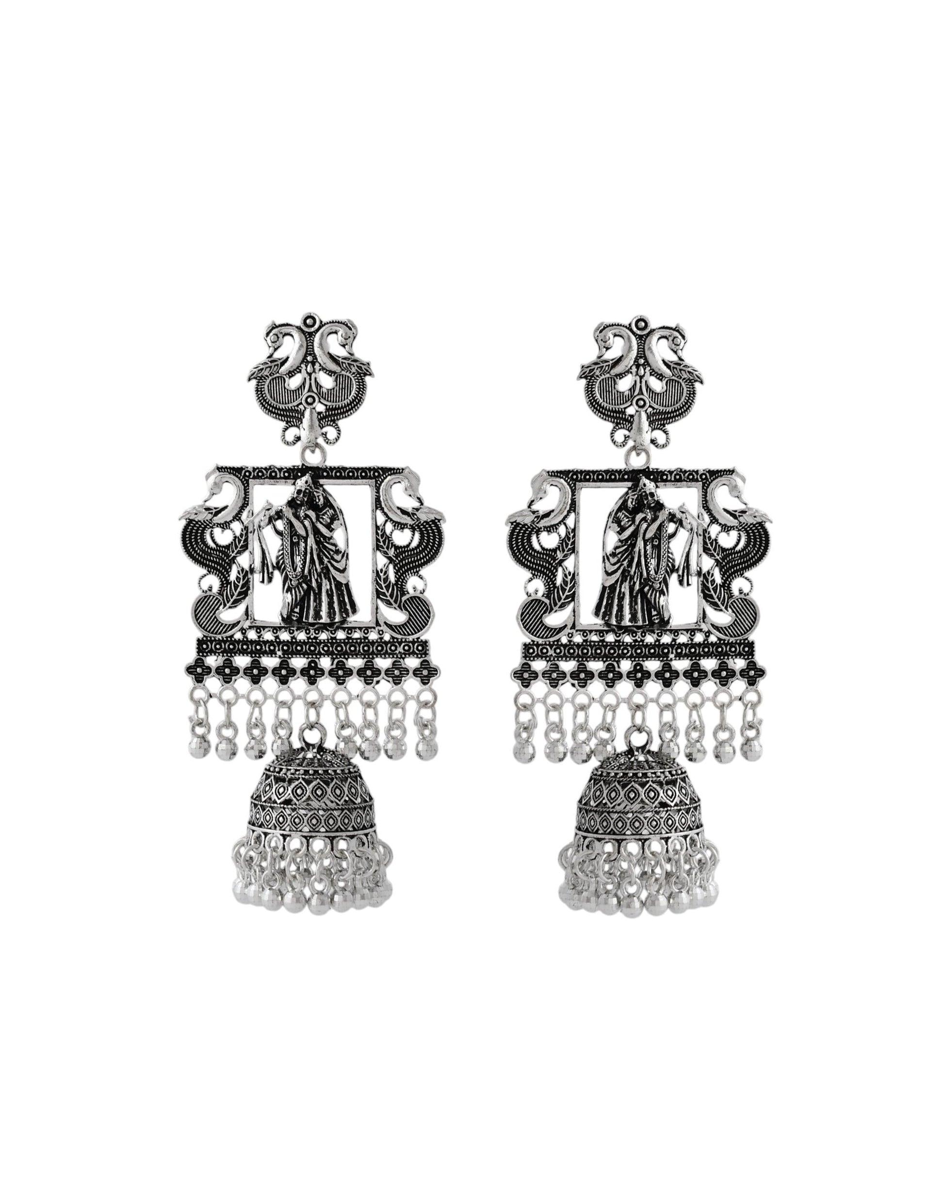 Jewels Nest Antique Silver Temple Jhumka Earrings with Intricate Detailing Jewels Nest