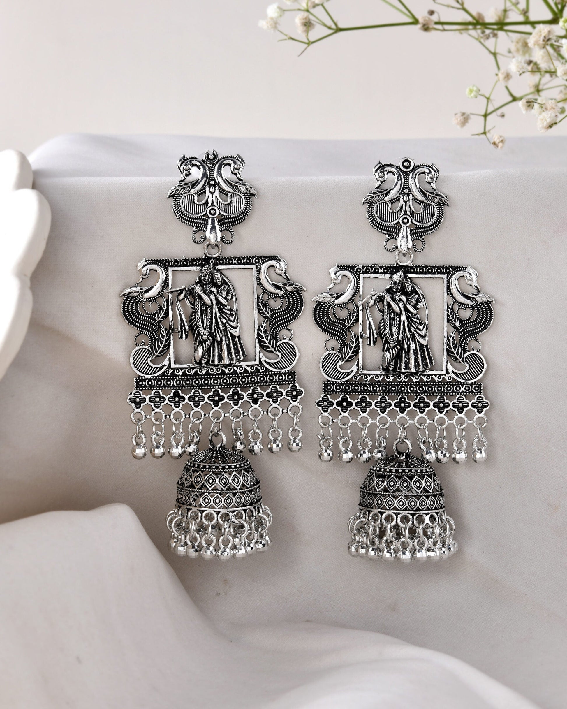 Jewels Nest Antique Silver Temple Jhumka Earrings with Intricate Detailing Jewels Nest