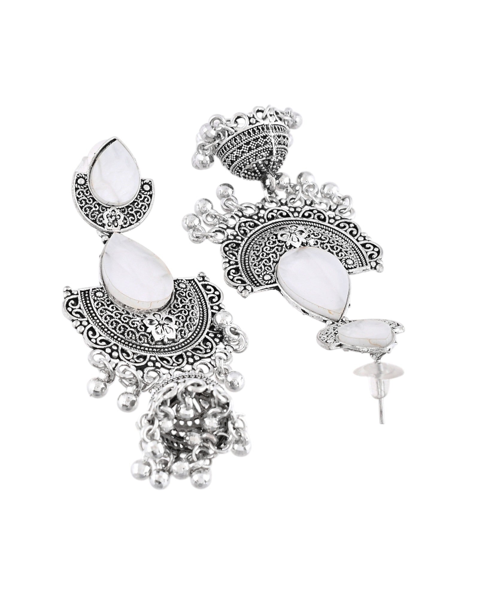 Jewels Nest Oxidized Silver Half Moon Jhumka Earrings with Intricate Design Jewels Nest